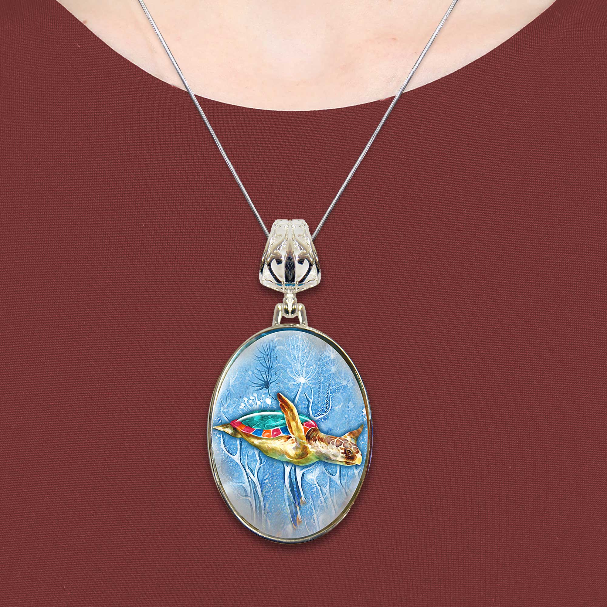 Turtle Pendant Silver-Plated Mother of Pearl Jewelry Pendant Necklace - 44053