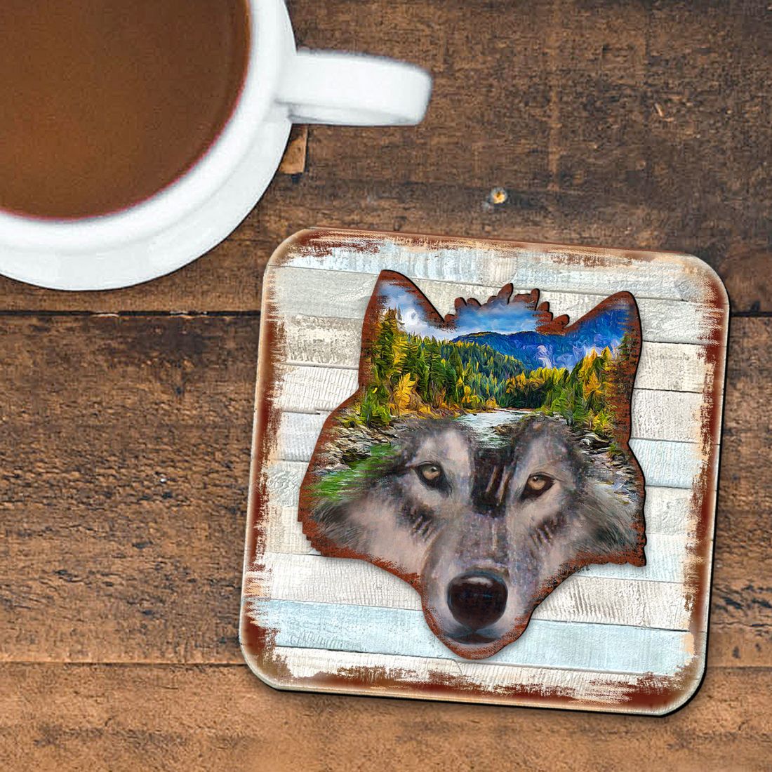 Wolf Face Wooden Cork Coasters Gift Set of 4 by Nature Wonders - Nature Wildlife Decor - 8198227-4-9C-S4