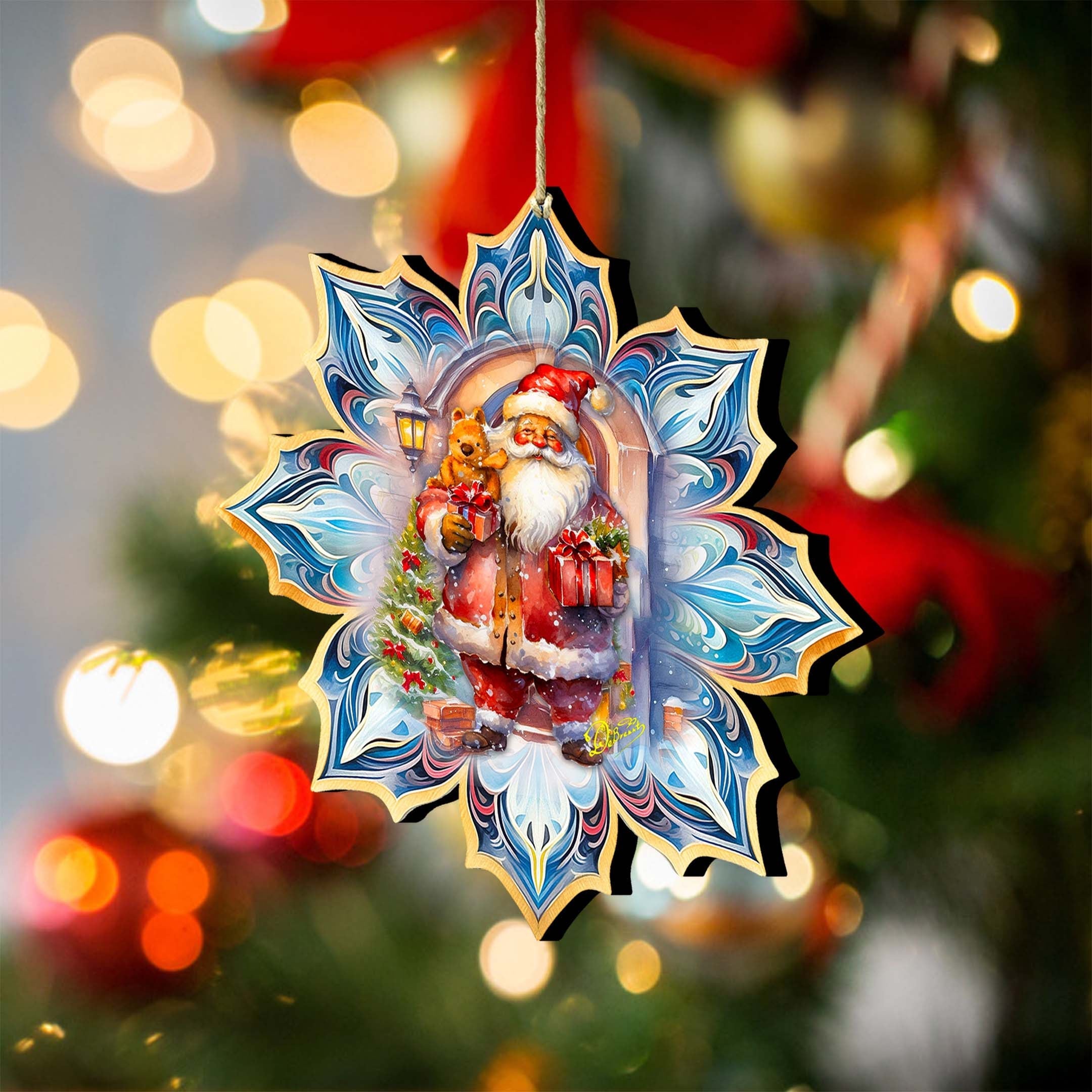 Santa with Gifts Snowflake Wooden Ornaments by G. Debrekht - Christmas Santa Snowman Decor - 8688421