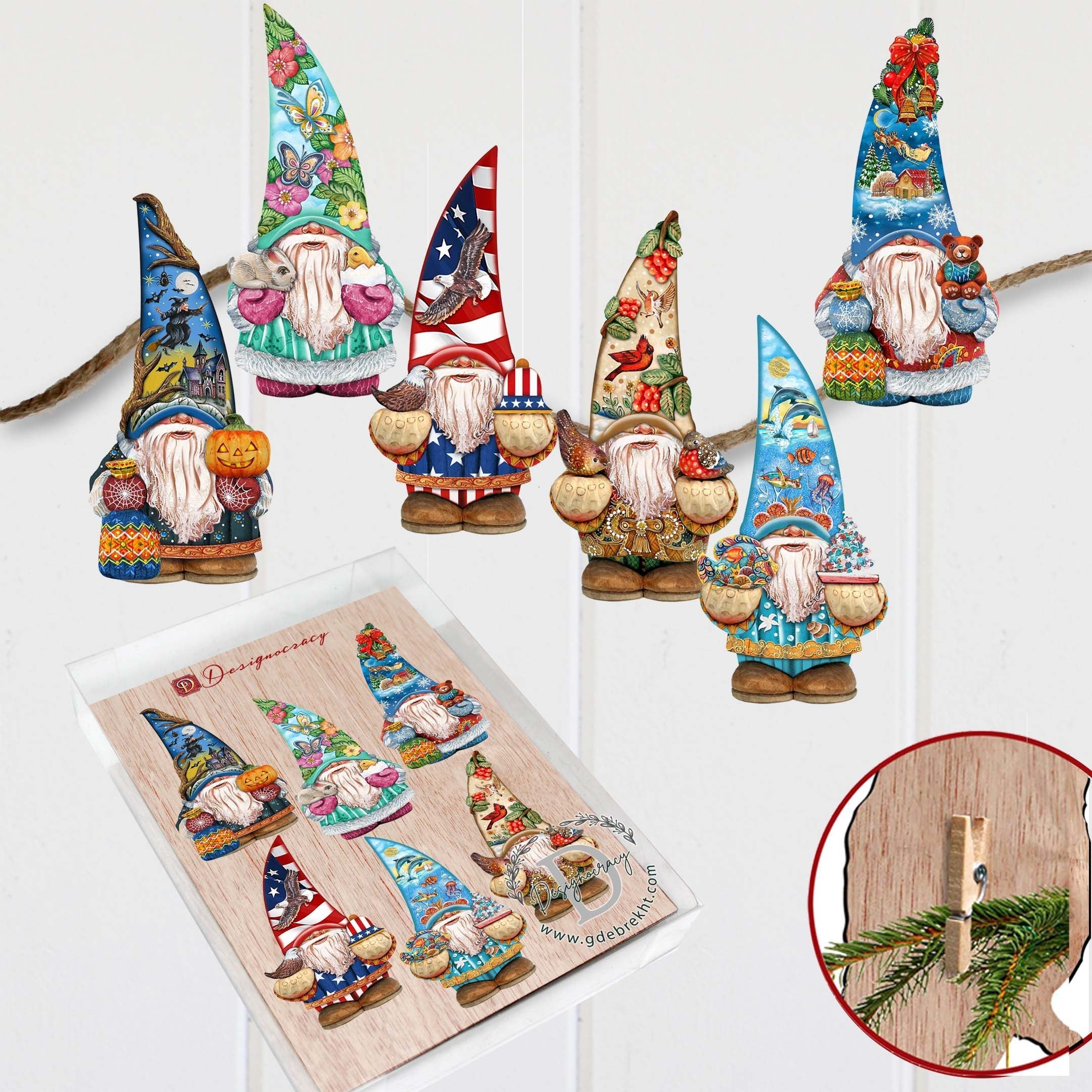 Holiday Gnomes Decorative Wooden Clip-on Ornaments Set of 6 by G. Debrekht - Christmas Decor - 8090138C-S6