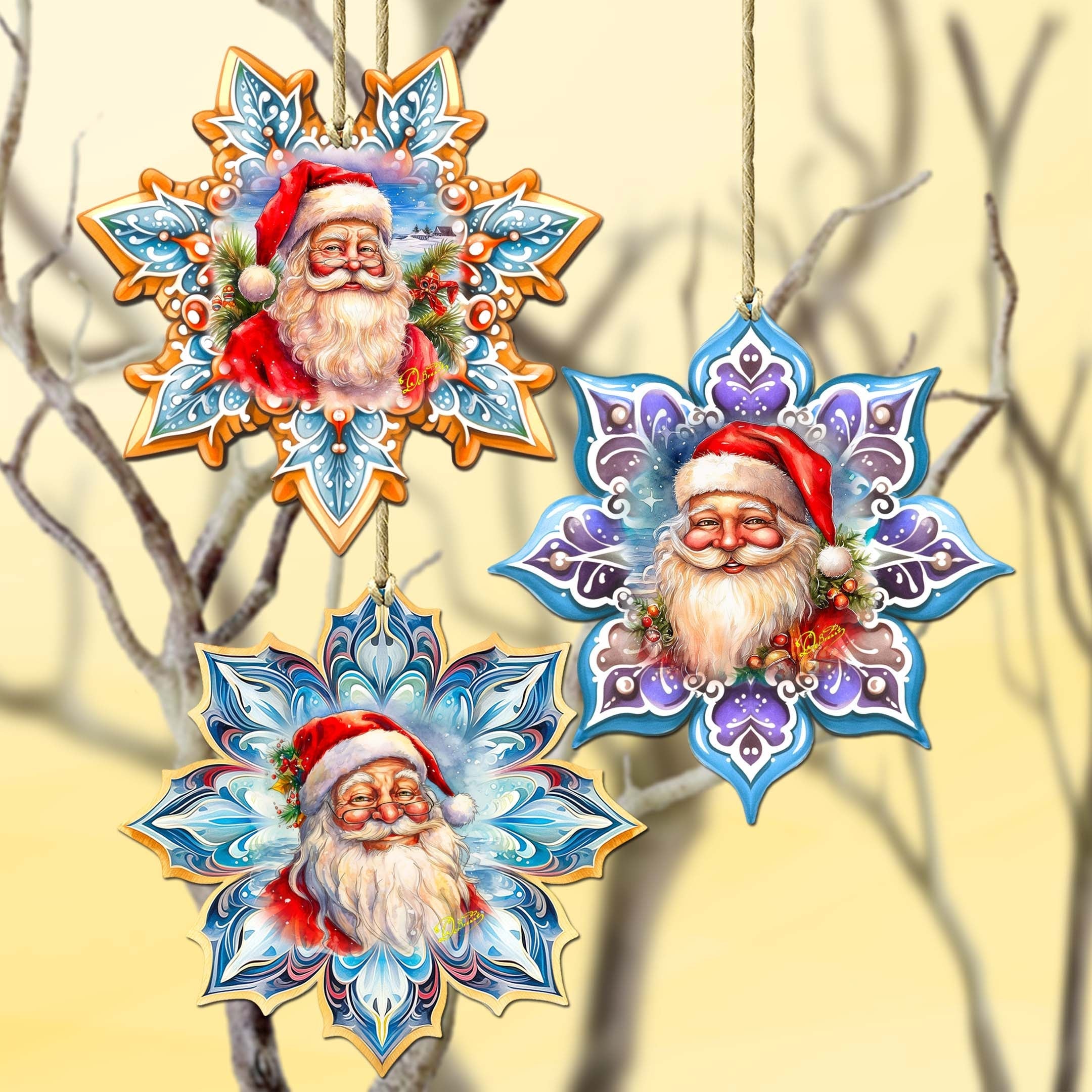 Santa's Smile Snowflake Wooden Ornaments Set of 3 by G. Debrekht - Christmas Decor - 8090148-S3