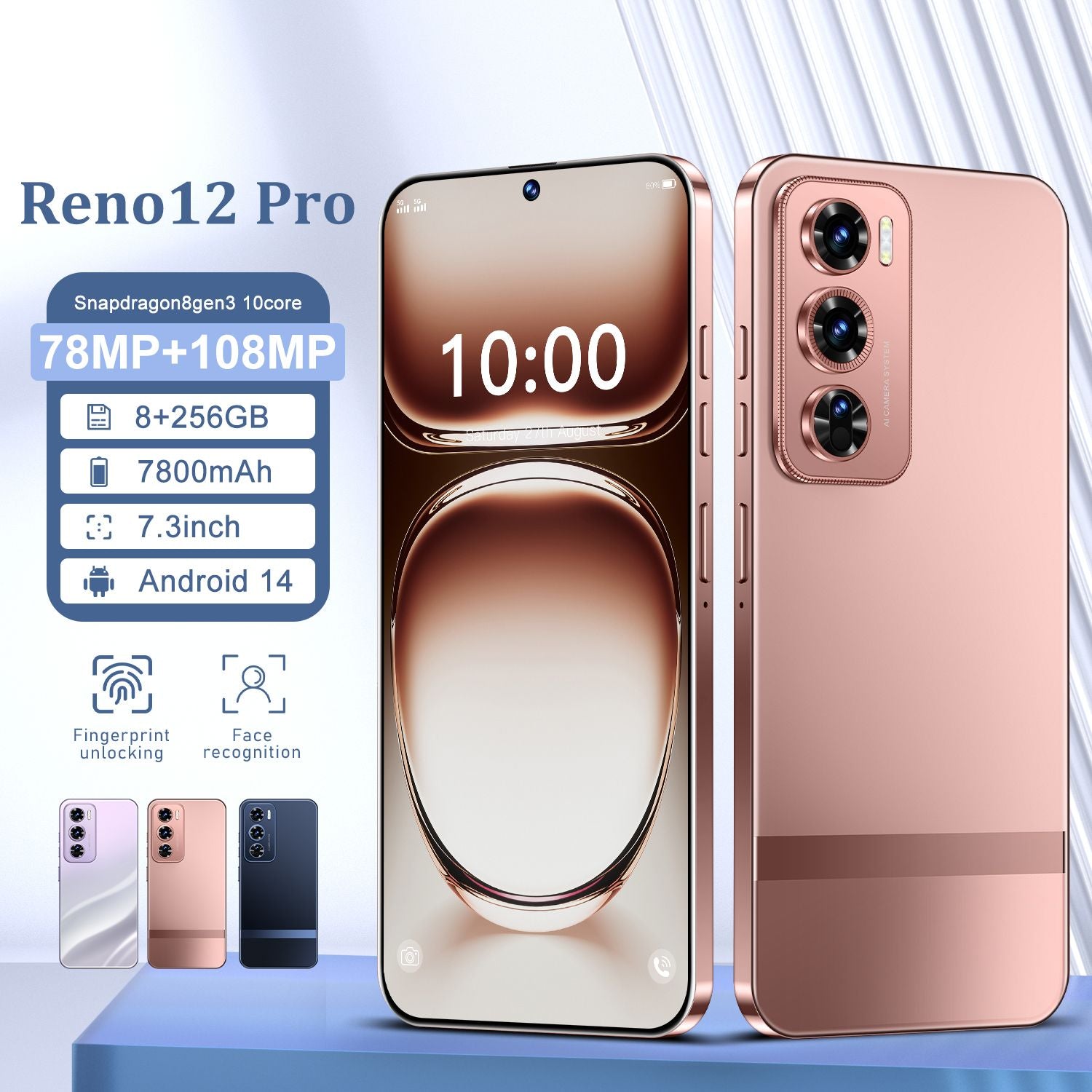 8GB+256GB Reno12 Pro Android 13 Smartphone - 6.8"HD Display, 6000mAh Battery, Unlocked Cell Phone For Global Use (Pink)