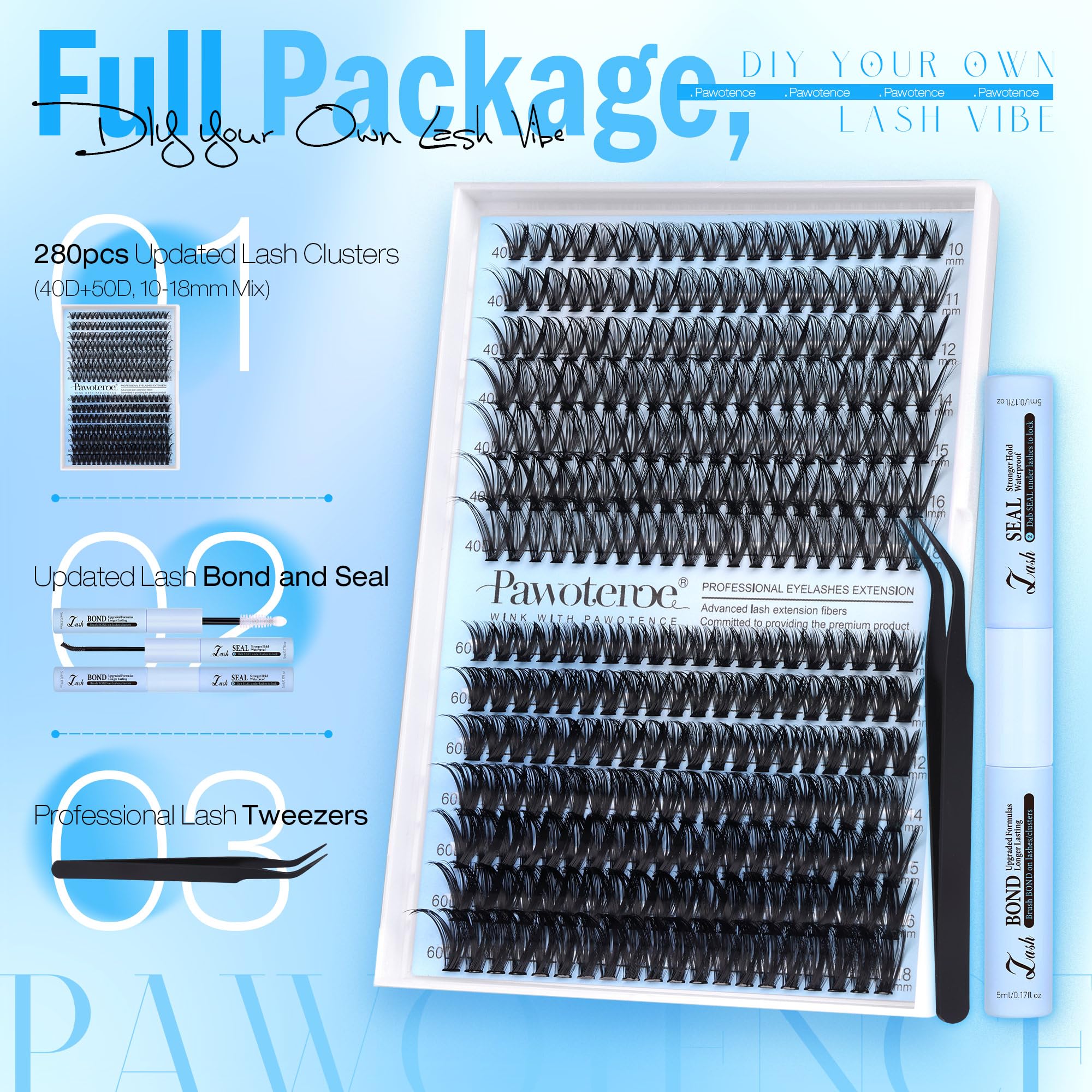 Pawotence Lash Extension Kit DIY 280pcs Lash Clusters Eyelash Extension Kit, 9-16mm 30D 40D Individual Lashes Kit with Lash Bond and Seal, Lash Tweezers for Self Use (30D&40D, 0.07D, 9-16mm, Kit)