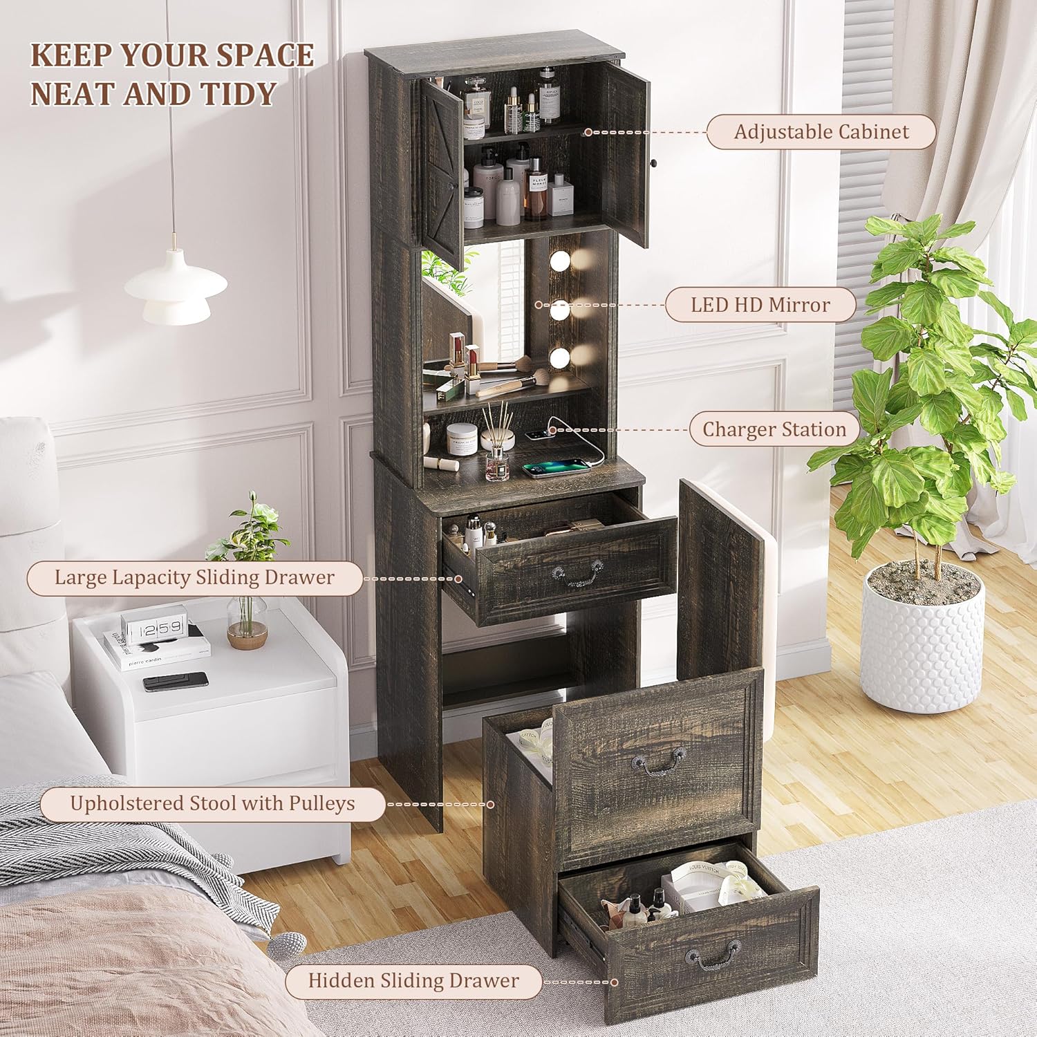 Vanity Desk with Mirror and Lights, Compact Makeup Table w/Storage Drawers & Shelves, Farmhouse Vanity Table with Hidden Chair for Bedroom, Gift for Girls Lady, Rustic Brown