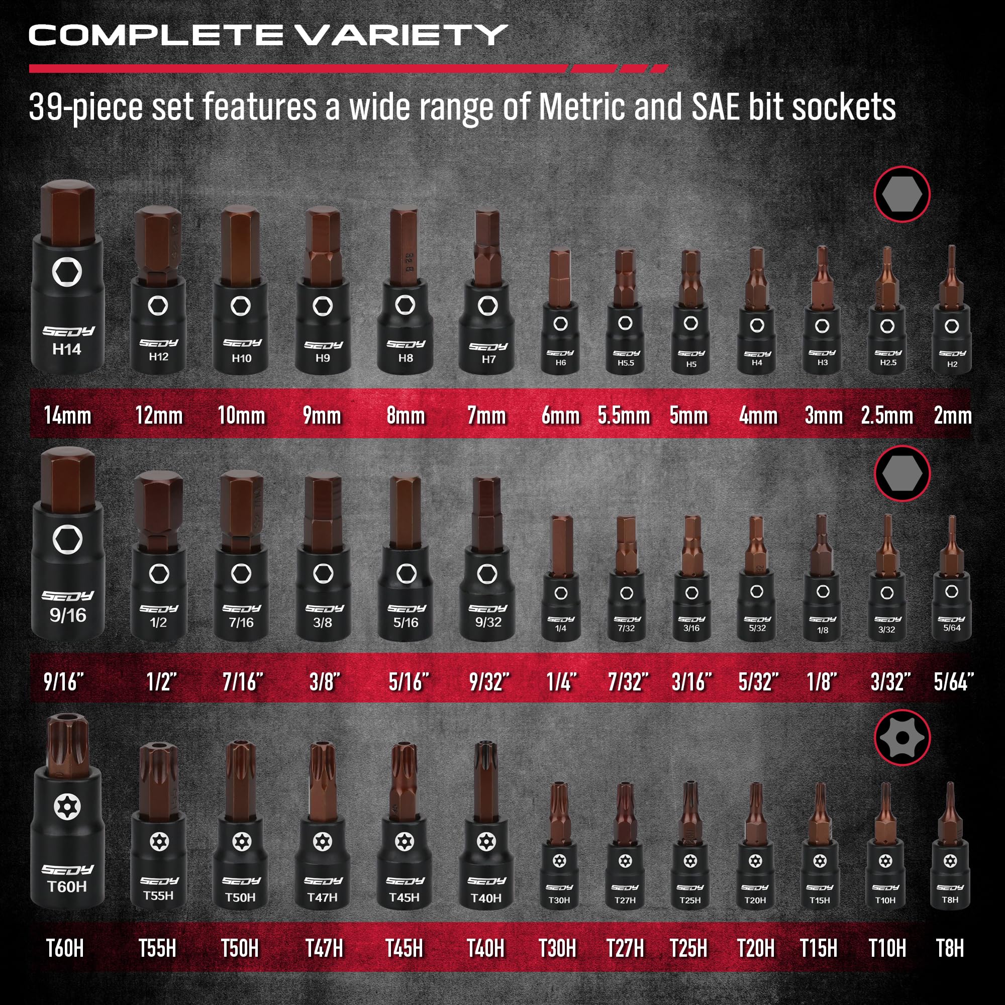Hex Bit Impact Socket Set: 36-Piece with 4 Adapters, 1/4" 3/8" 1/2" Drive Master Allen Impact Socket Set, SAE and Metric, H5-H19 & 3/4"-5/64", Heavy Duty Storage Case, Automotive Mechanic