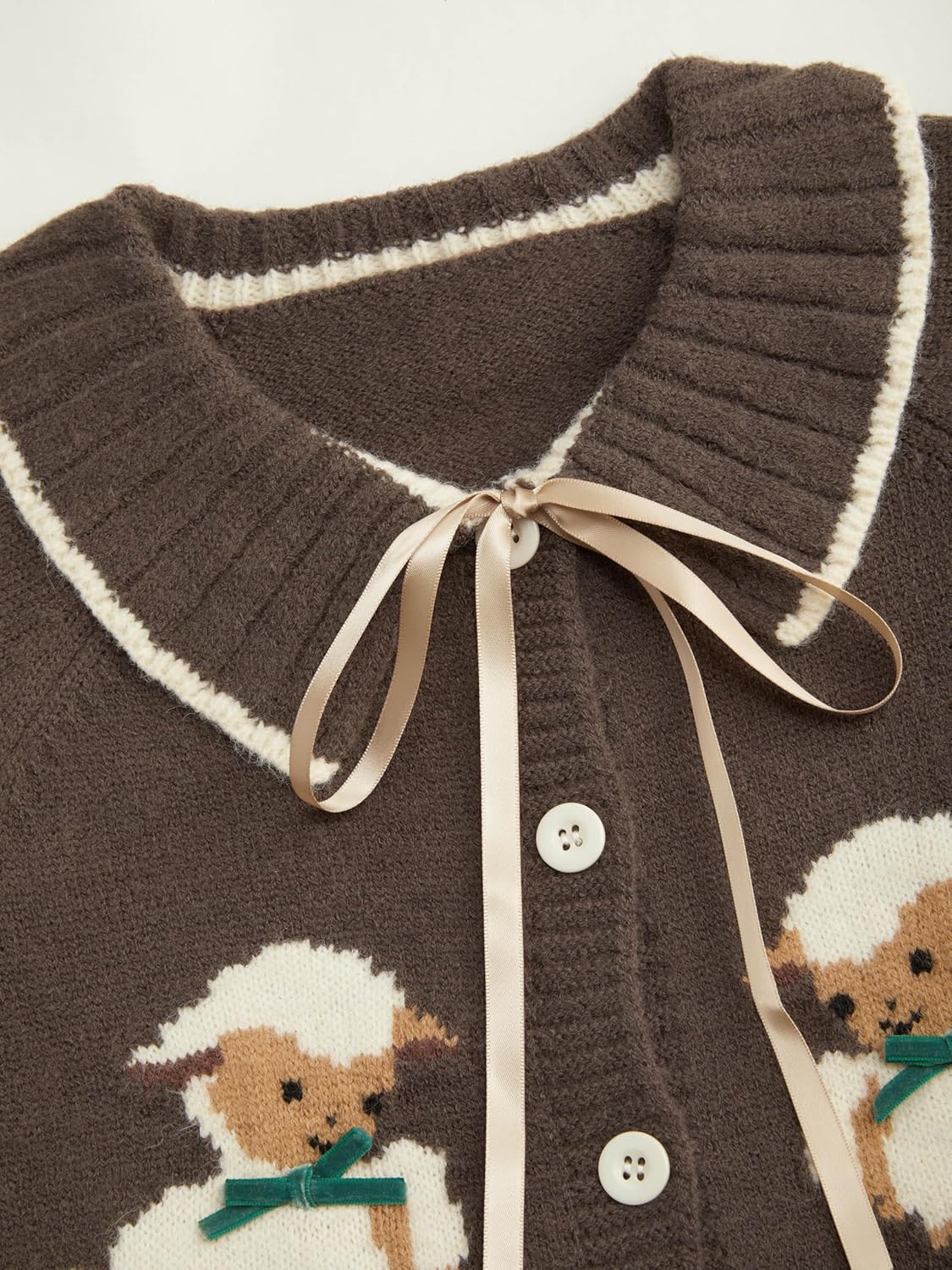 CIDER Women Going Out Knit Cute Cardigan Sweater Sheep Embroidery Ribbon Tie Casual Cardigan
