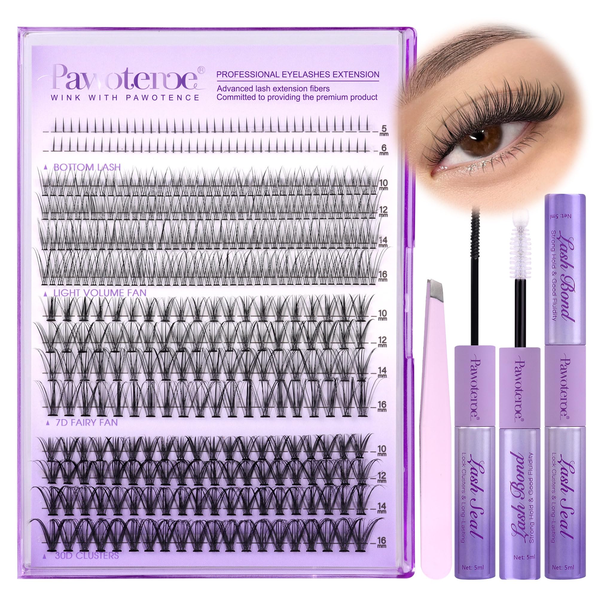 Pawotence Lash Extension Kit DIY 280pcs Lash Clusters Eyelash Extension Kit, 9-16mm 30D 40D Individual Lashes Kit with Lash Bond and Seal, Lash Tweezers for Self Use (30D&40D, 0.07D, 9-16mm, Kit)