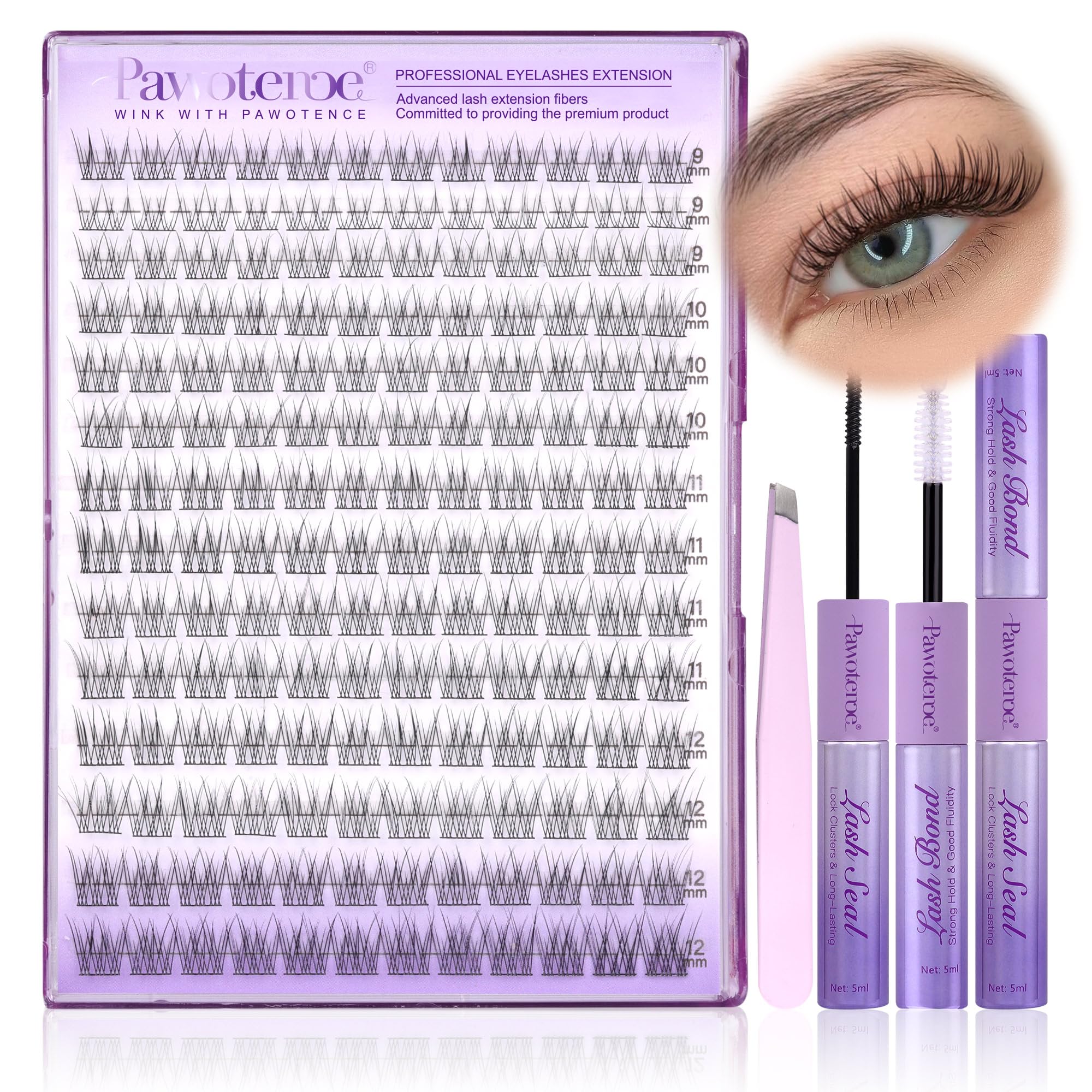Pawotence Lash Extension Kit DIY 280pcs Lash Clusters Eyelash Extension Kit, 9-16mm 30D 40D Individual Lashes Kit with Lash Bond and Seal, Lash Tweezers for Self Use (30D&40D, 0.07D, 9-16mm, Kit)