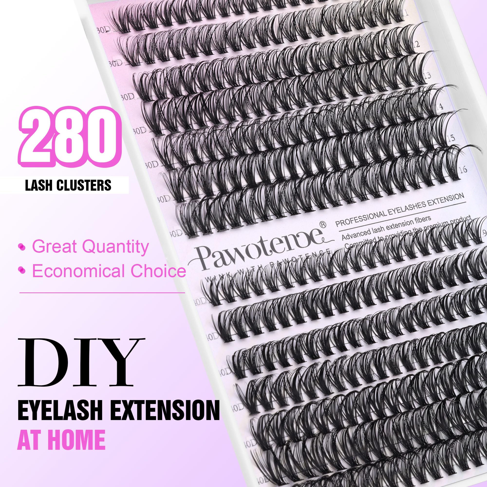 Pawotence Lash Extension Kit DIY 280pcs Lash Clusters Eyelash Extension Kit, 9-16mm 30D 40D Individual Lashes Kit with Lash Bond and Seal, Lash Tweezers for Self Use (30D&40D, 0.07D, 9-16mm, Kit)