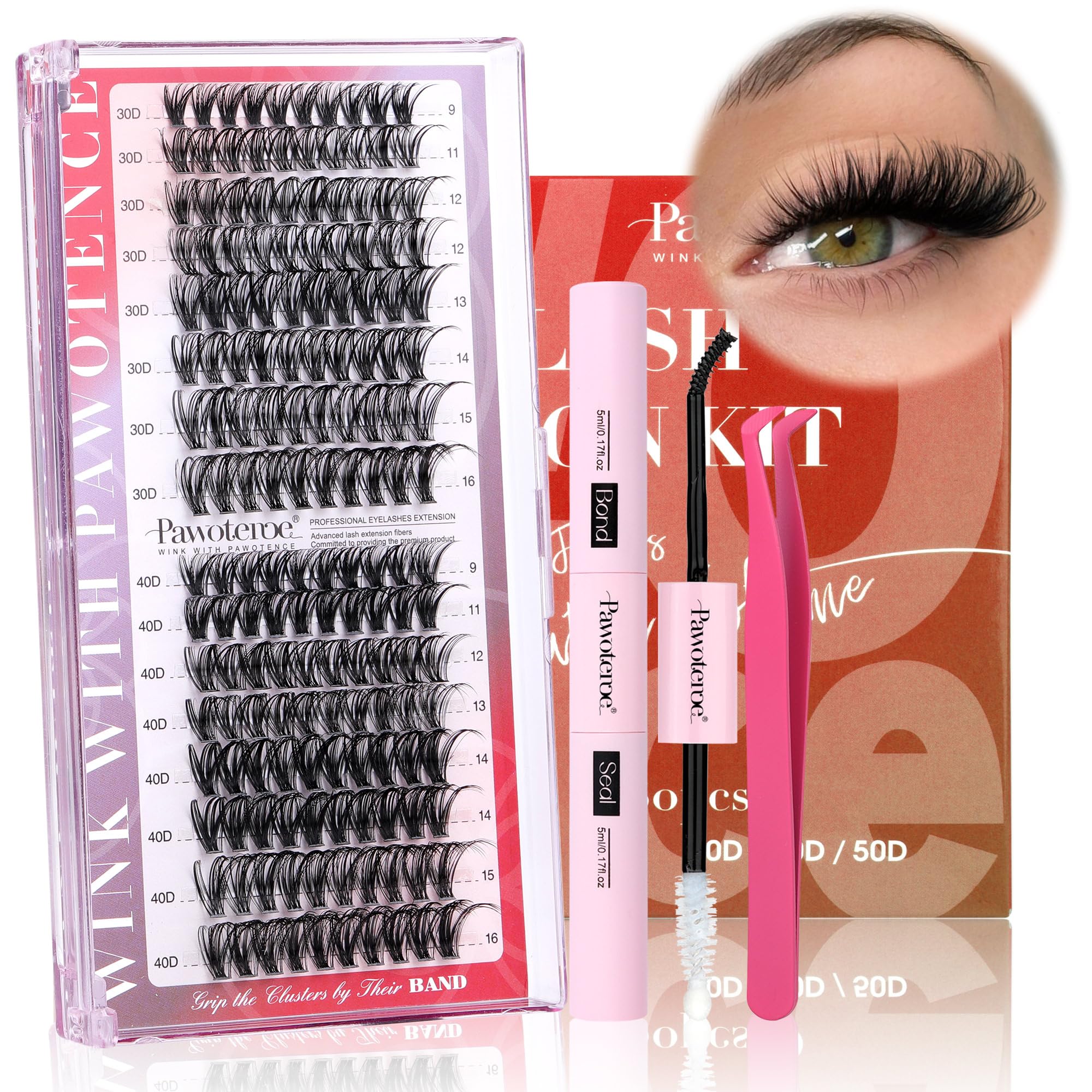 Pawotence Lash Extension Kit DIY 280pcs Lash Clusters Eyelash Extension Kit, 9-16mm 30D 40D Individual Lashes Kit with Lash Bond and Seal, Lash Tweezers for Self Use (30D&40D, 0.07D, 9-16mm, Kit)