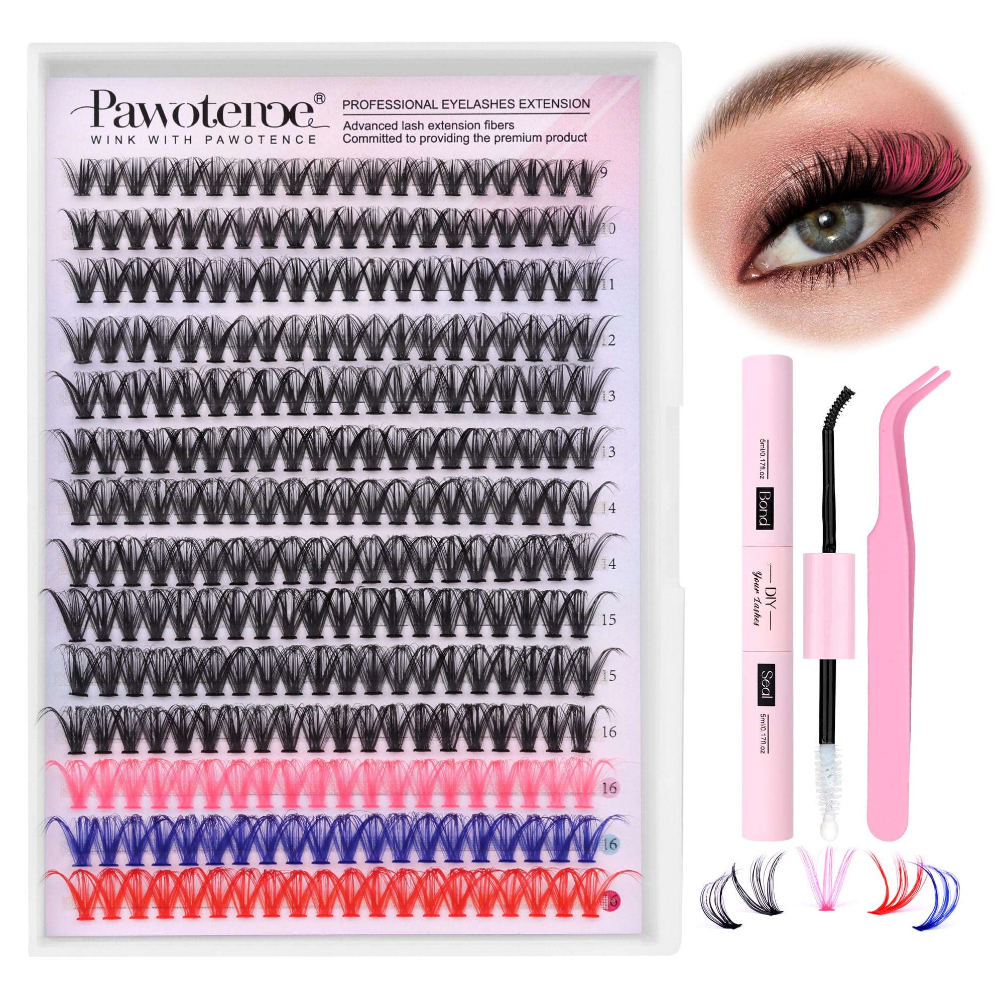 Pawotence Lash Extension Kit DIY 280pcs Lash Clusters Eyelash Extension Kit, 9-16mm 30D 40D Individual Lashes Kit with Lash Bond and Seal, Lash Tweezers for Self Use (30D&40D, 0.07D, 9-16mm, Kit)