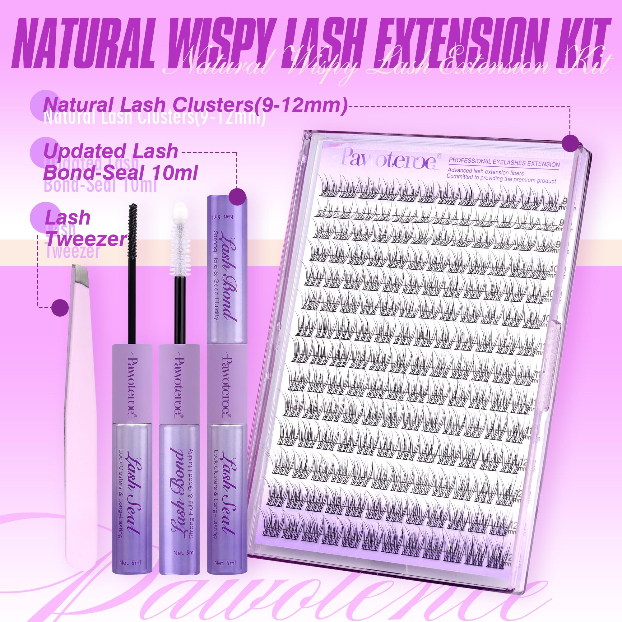 Pawotence Lash Extension Kit DIY 280pcs Lash Clusters Eyelash Extension Kit, 9-16mm 30D 40D Individual Lashes Kit with Lash Bond and Seal, Lash Tweezers for Self Use (30D&40D, 0.07D, 9-16mm, Kit)