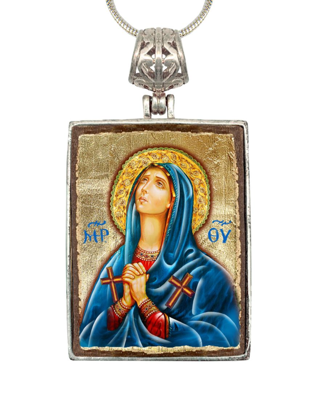 Mother of God Religious Jewelry Silver Plated Necklace, Gold-Plated Wooden Cabochon - Christian Sacred Icon - Inspirational Icon Decor - 43014R