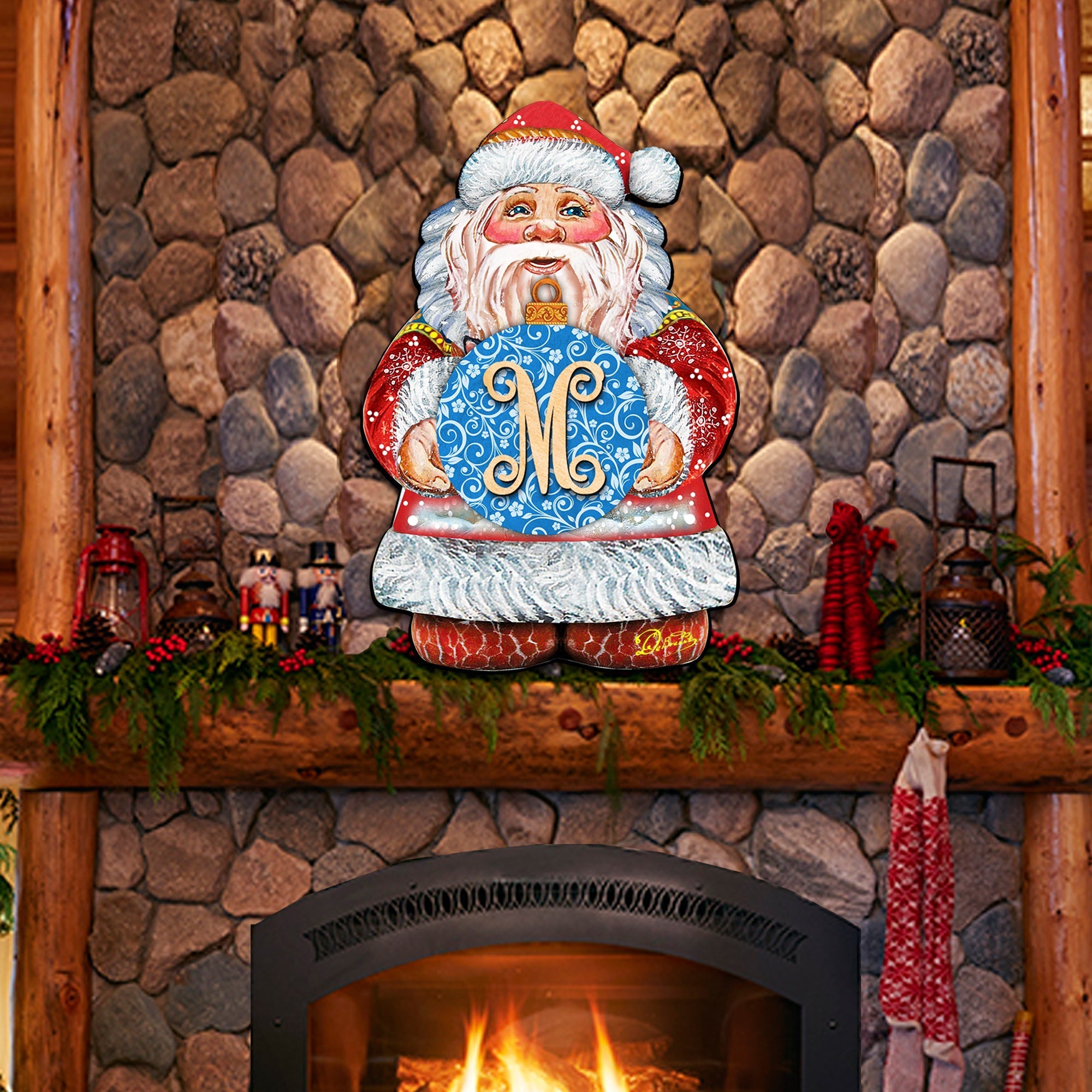Custom Letter Vine Script Monogram Santa Door Hanger by G. DeBrekht - Christmas Santa Snowman Decor - 8117810G-9H