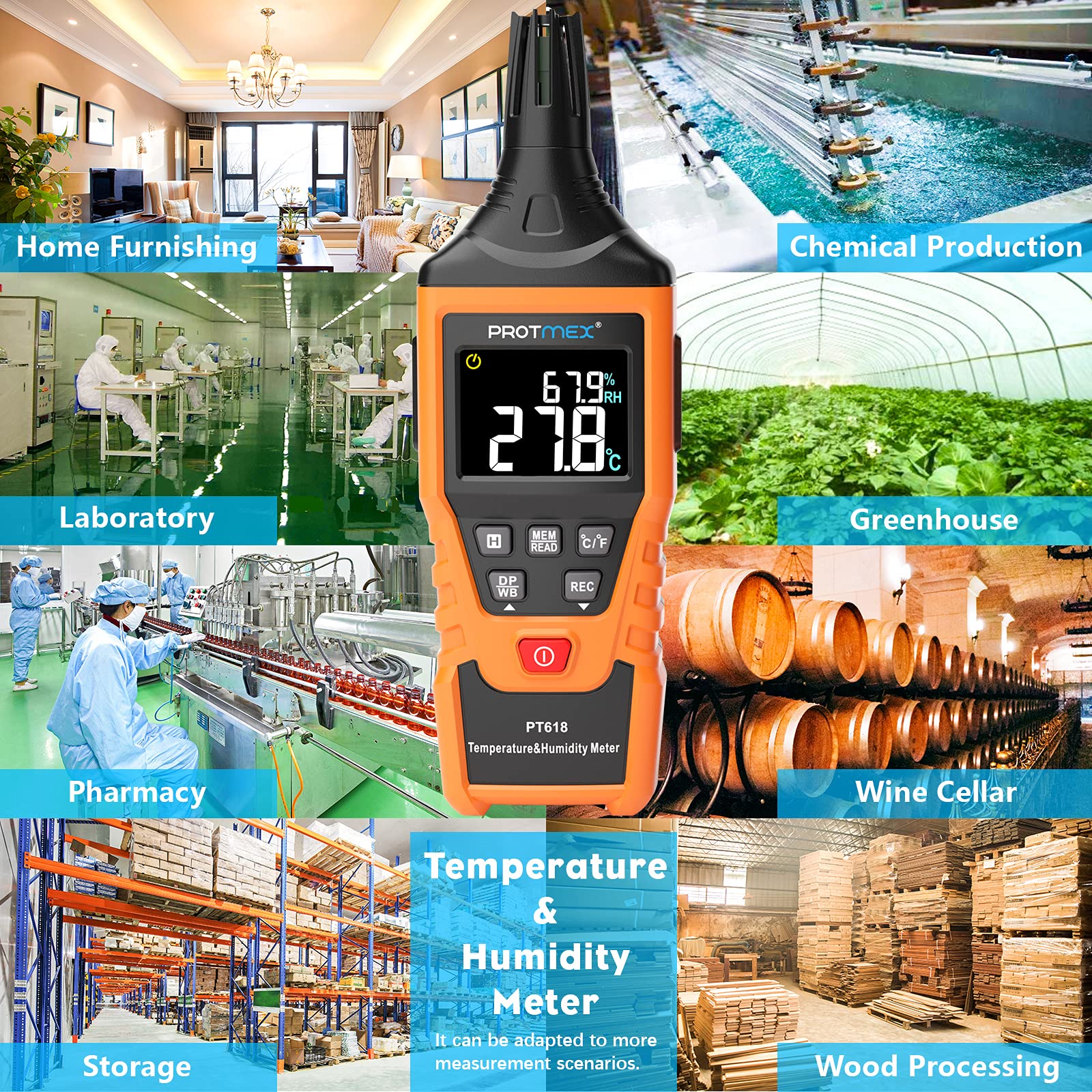 PT6508 Temperature Humidity Meter, Digital Thermometer Hygrometer Monitor with Ambient, Dew Point, Wet Bulb for Indoor/Outdoor MIN, MAX, Data Hold, LCD Backlight
