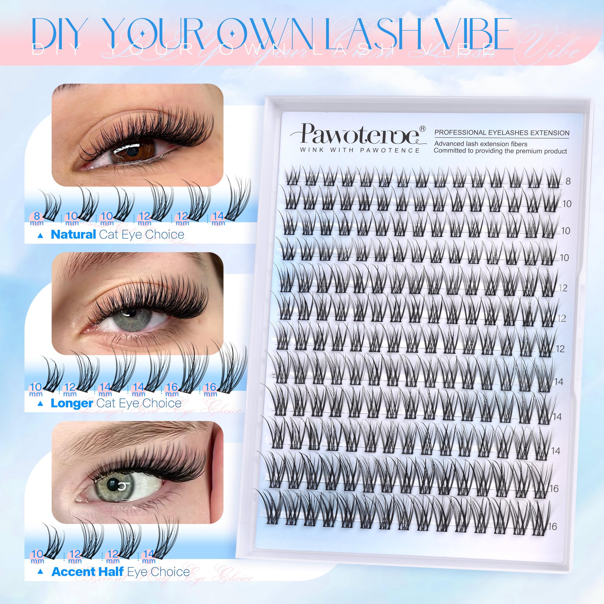 Pawotence Lash Extension Kit DIY 280pcs Lash Clusters Eyelash Extension Kit, 9-16mm 30D 40D Individual Lashes Kit with Lash Bond and Seal, Lash Tweezers for Self Use (30D&40D, 0.07D, 9-16mm, Kit)