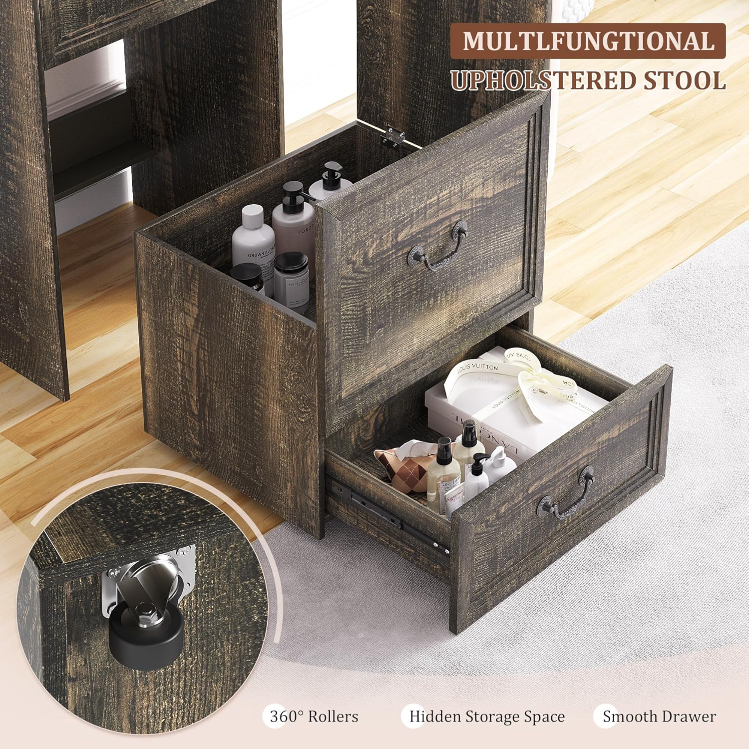 Vanity Desk with Mirror and Lights, Compact Makeup Table w/Storage Drawers & Shelves, Farmhouse Vanity Table with Hidden Chair for Bedroom, Gift for Girls Lady, Rustic Brown