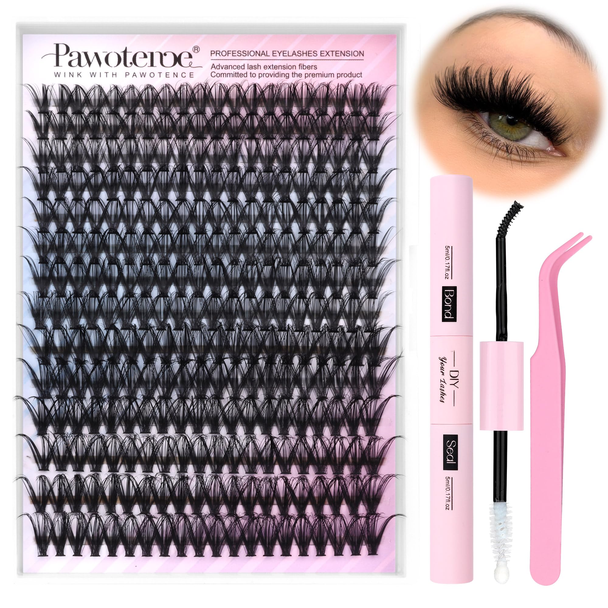Pawotence Lash Extension Kit DIY 280pcs Lash Clusters Eyelash Extension Kit, 9-16mm 30D 40D Individual Lashes Kit with Lash Bond and Seal, Lash Tweezers for Self Use (30D&40D, 0.07D, 9-16mm, Kit)