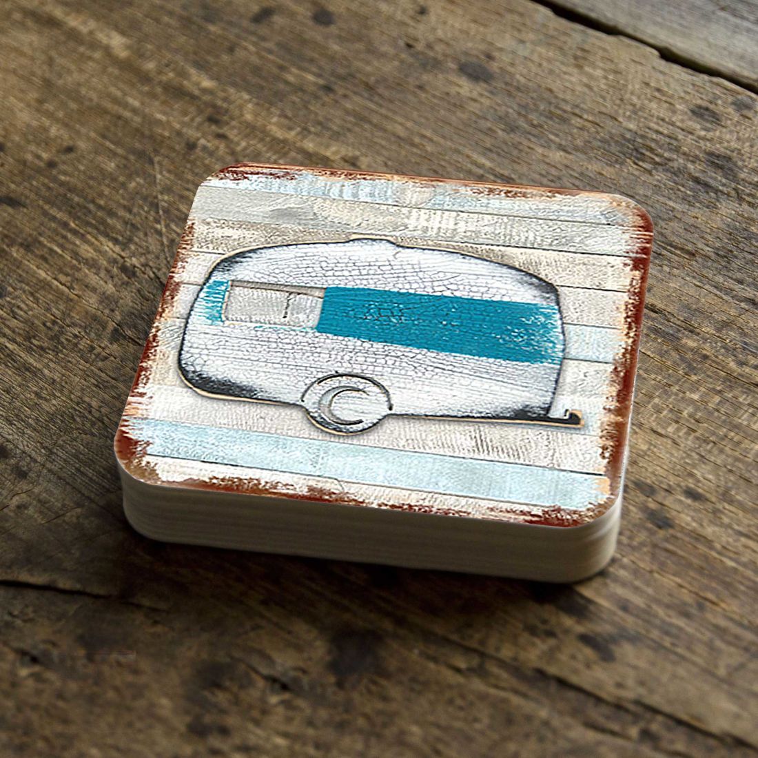 Woodsy Camper Wooden Cork Coasters Gift Set of 4 by Nature Wonders - Nature Wildlife Decor - 8198431-9C-S4