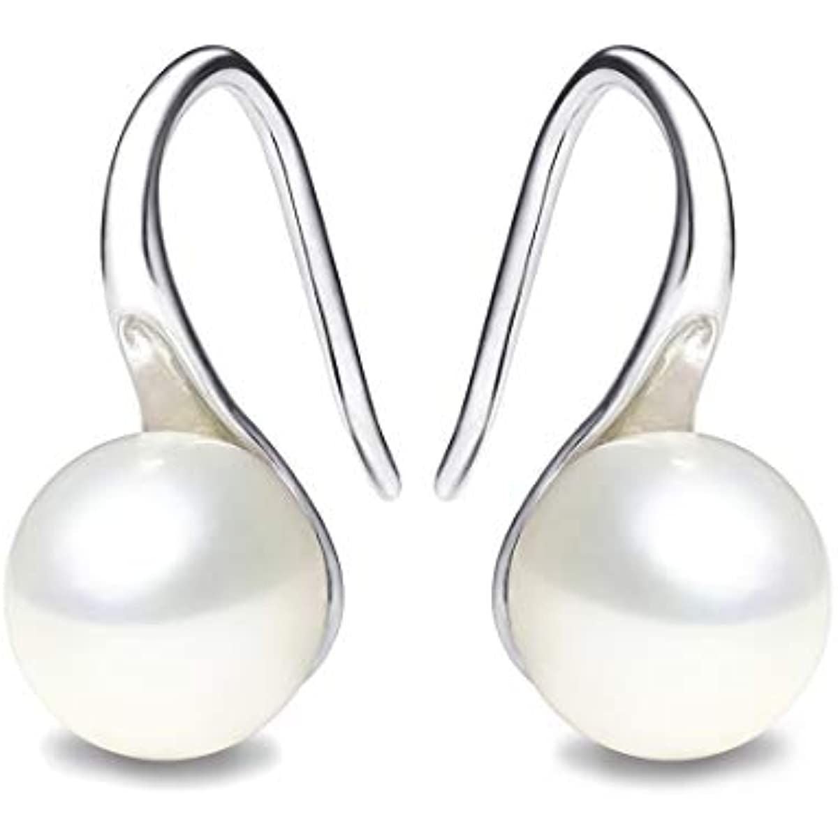 925 Sterling Silver Hoop Handpicked AAA+ Quality 7.5-8mm White Freshwater Cultured Pearl Dangle Drop Earrings Jewelry for Women Girls