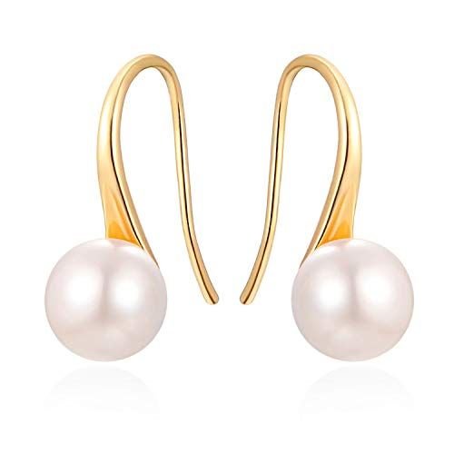 925 Sterling Silver Hoop Handpicked AAA+ Quality 7.5-8mm White Freshwater Cultured Pearl Dangle Drop Earrings Jewelry for Women Girls