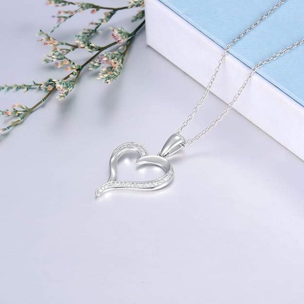 925 Sterling Silver Rhodium 1.1mm Cable Chain Lobster Clasp 0.05ct Diamond Open Love Heart Necklace 18 Inch Jewelry Gifts for Women