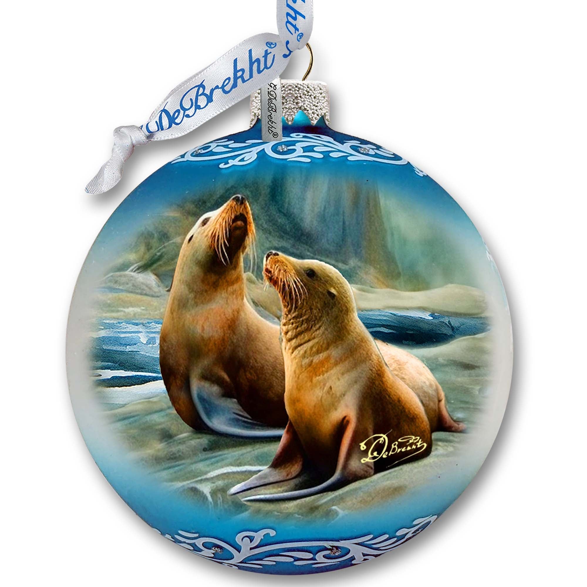 Coastal Sea Lions Glass Ornament by G. Debrekht - Wildlife Holiday Decor - 73388