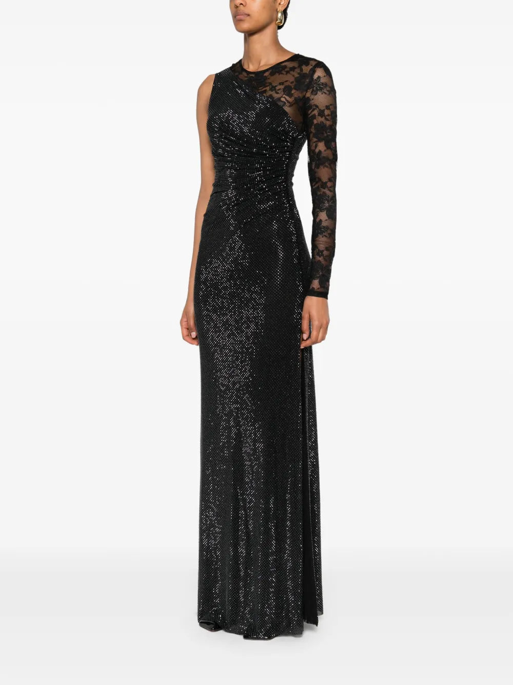 Self-Portrait Women Black Rhinestone Mesh And Lace Maxi Dress