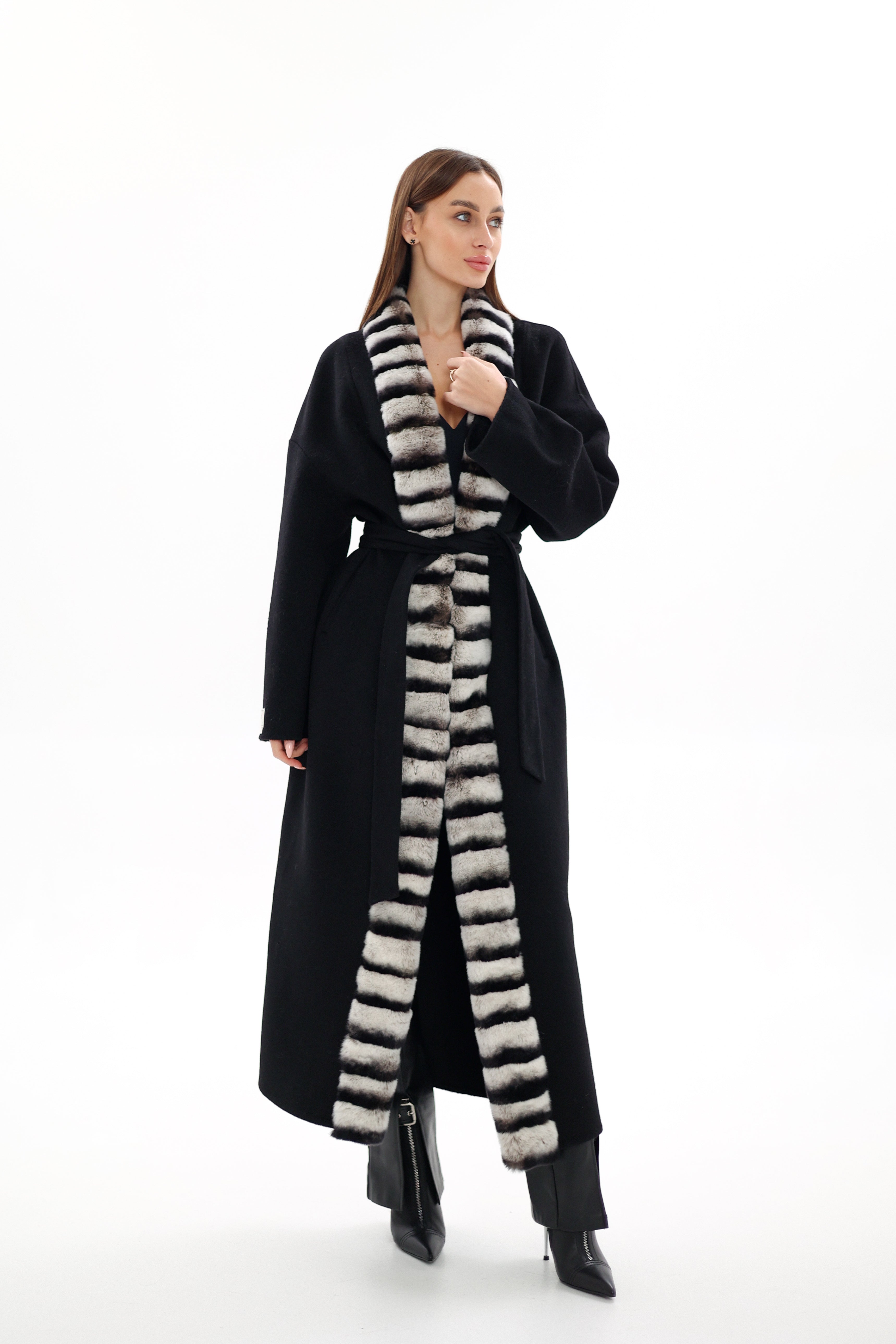 Genuine French Orylag Fur Italian Cashmere Wool Coat 130cm