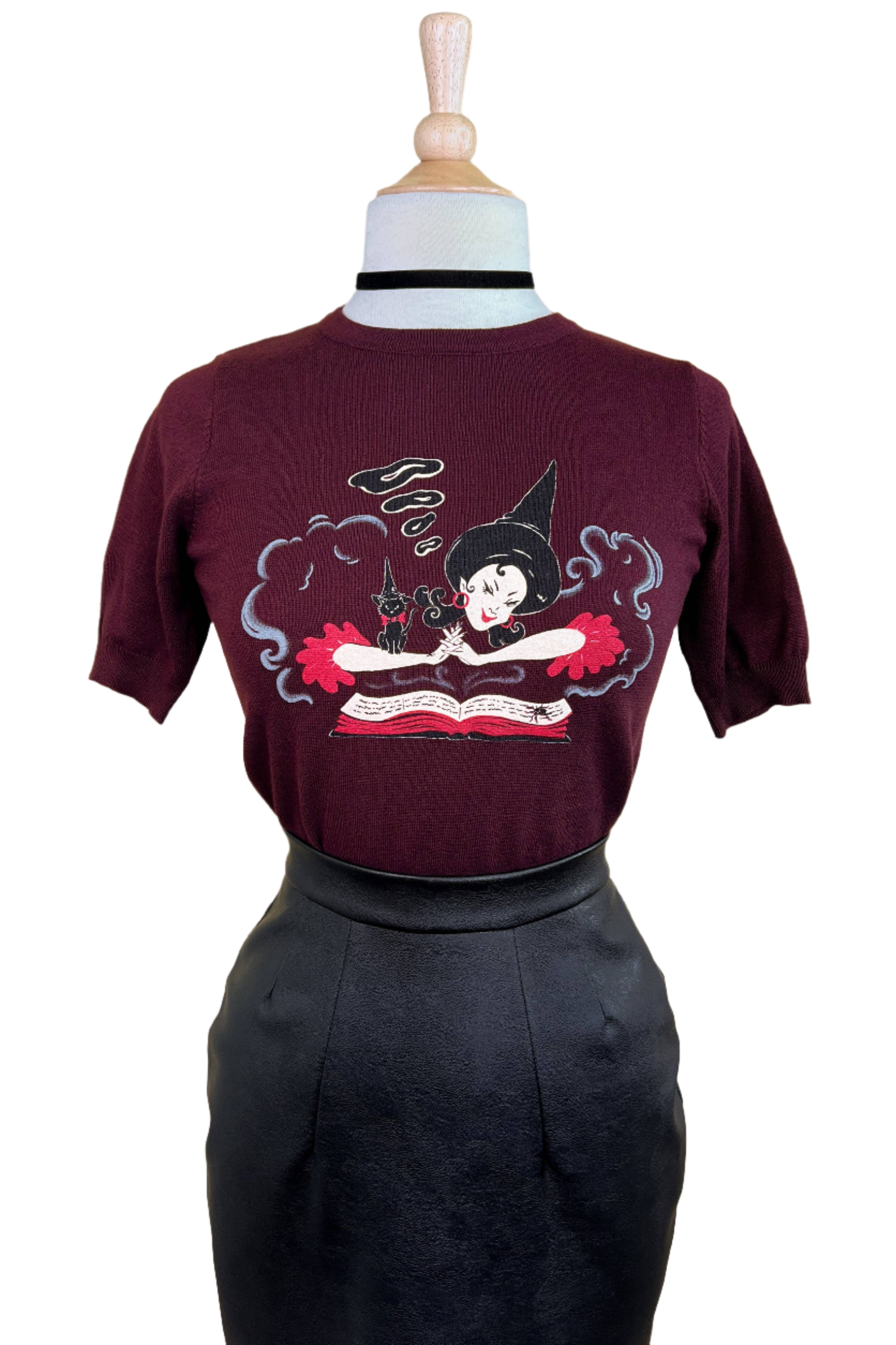 Witch Bible short sleeve Sweater in Burgundy by Mischief Made - LARGE