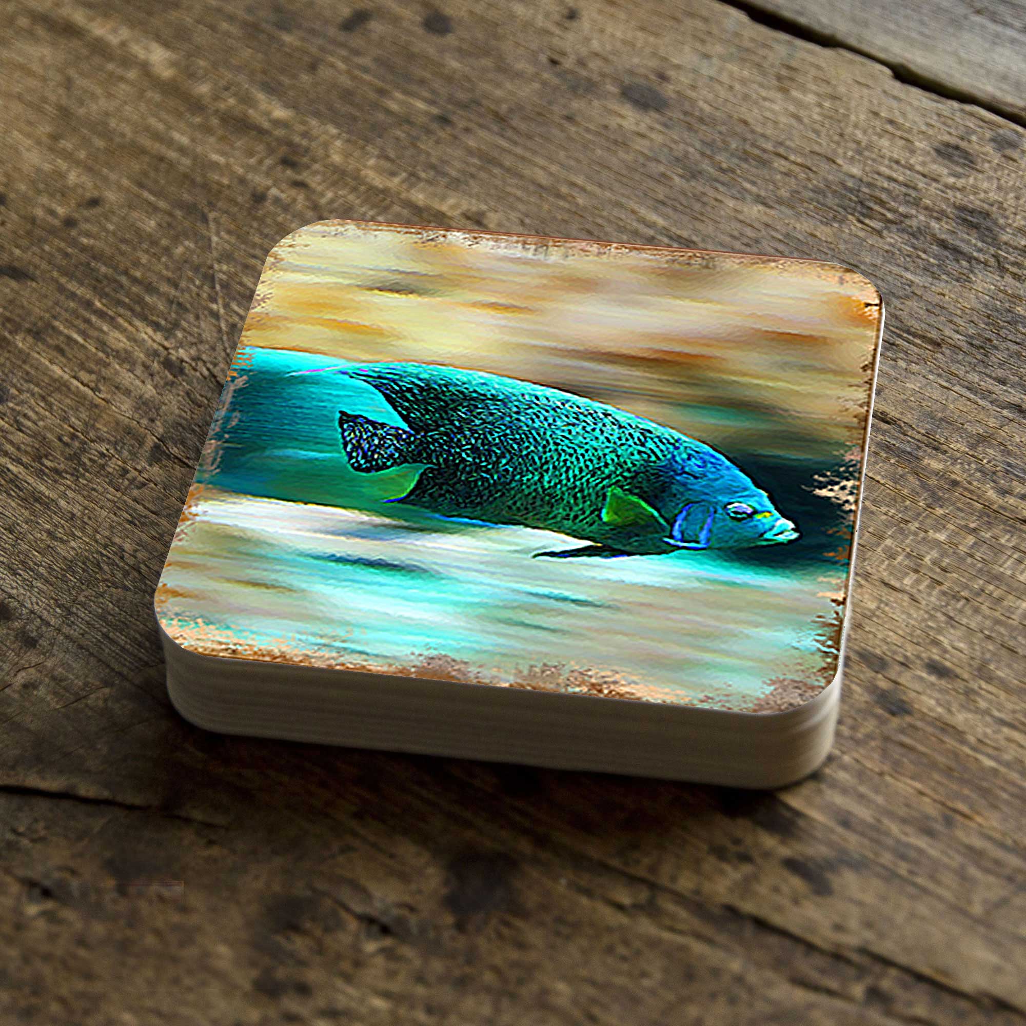 Green Tropical Fish Coastal Wood Coasters Set of 4 by Nature Wonders - 95264C-S4