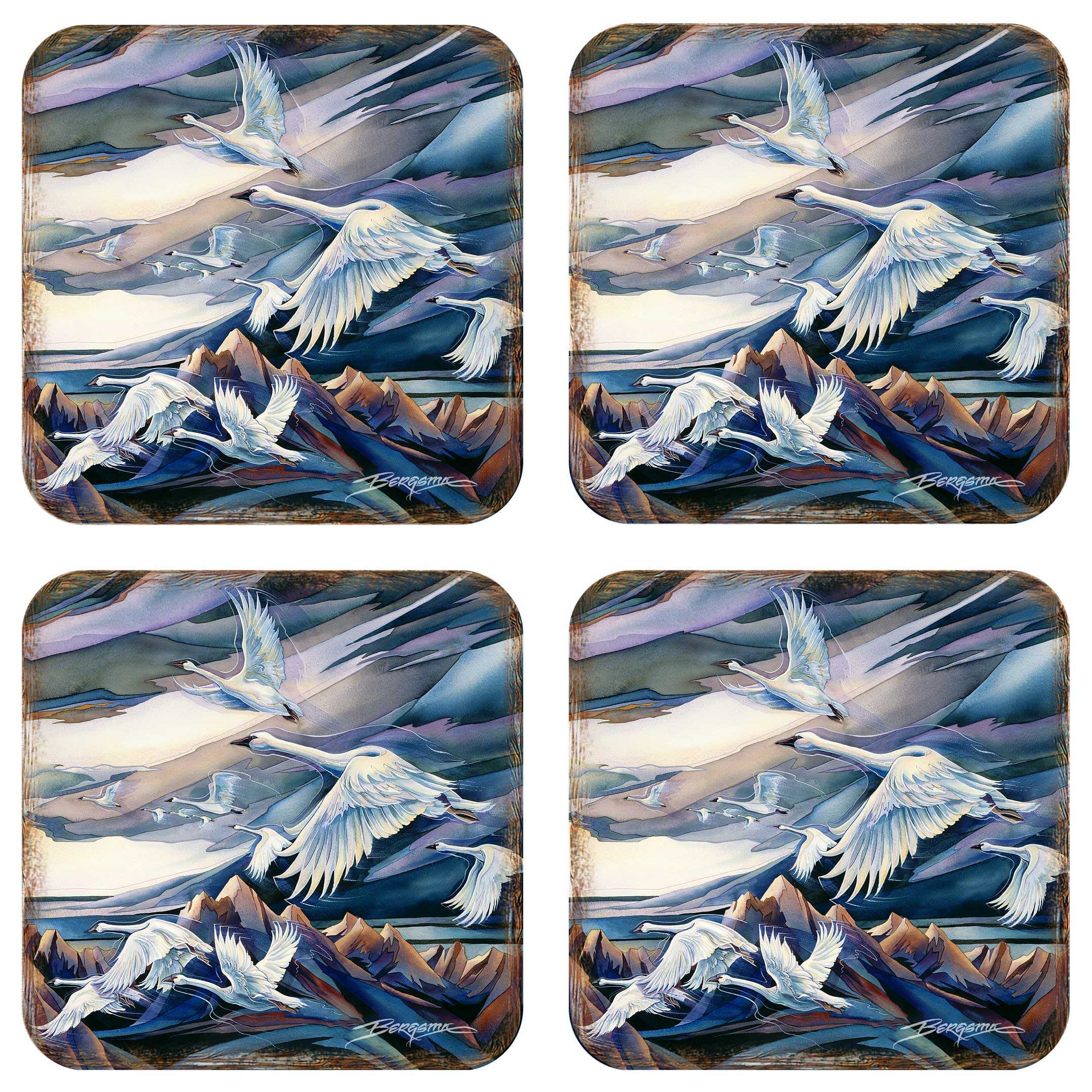 Flying Swans Wooden Cork Coasters Gift Set of 4 by J. Bergsma - Coastal Decor - 8199457C-S4