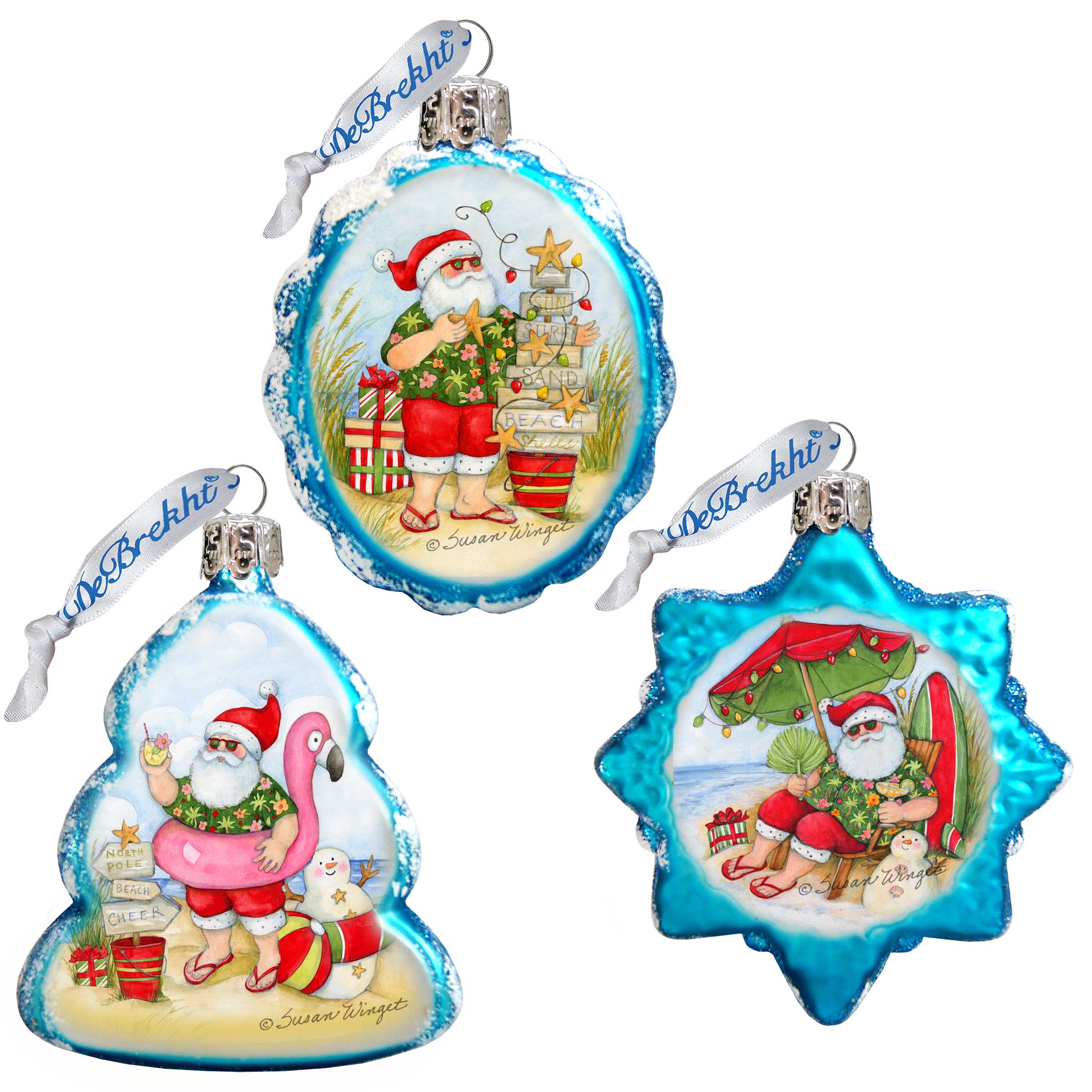Christmas at the Beach Mercury Glass Ornaments Set of 3 by Susan Winget - Santa and Snowman Decor