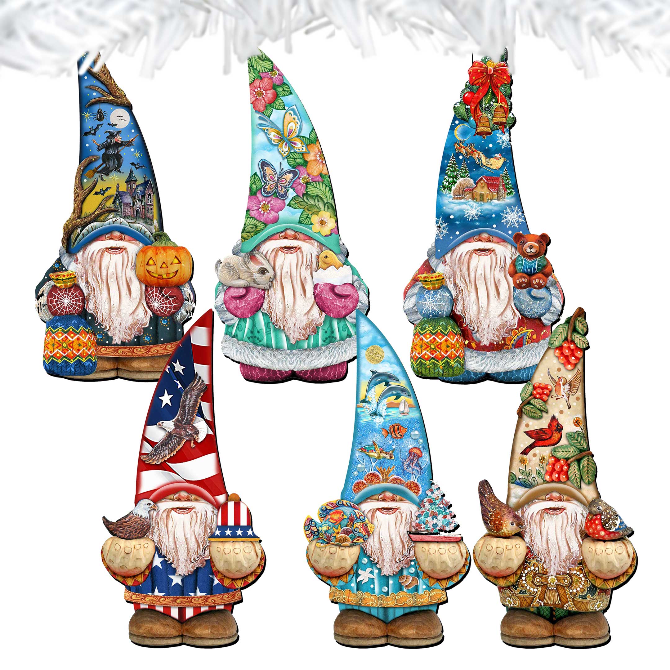 Holiday Gnomes Decorative Wooden Clip-on Ornaments Set of 6 by G. Debrekht - Christmas Decor - 8090138C-S6