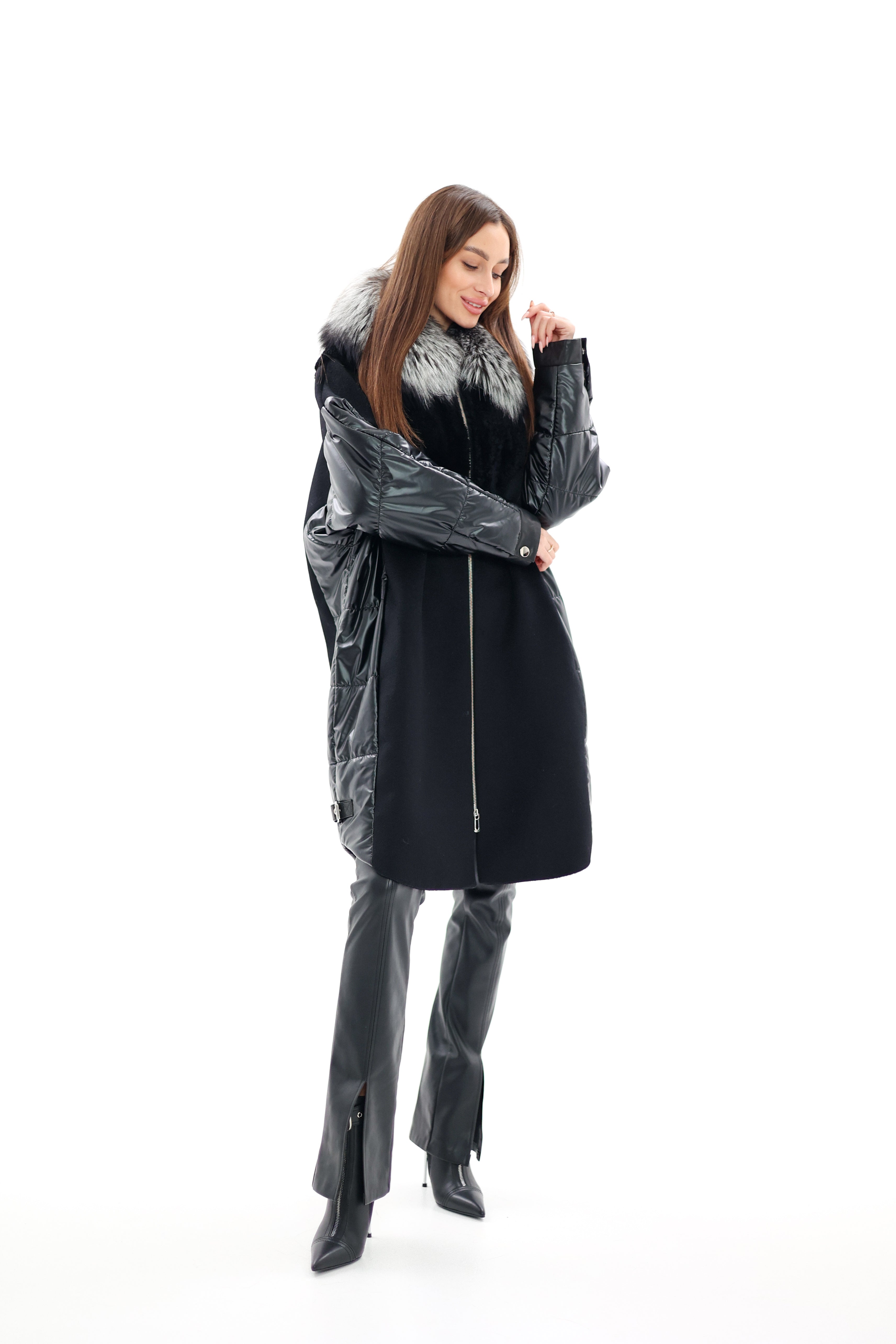 Genuine Silver Fox Fur Italian Cashmere Wool Freudenberg Comfortemp® Coat