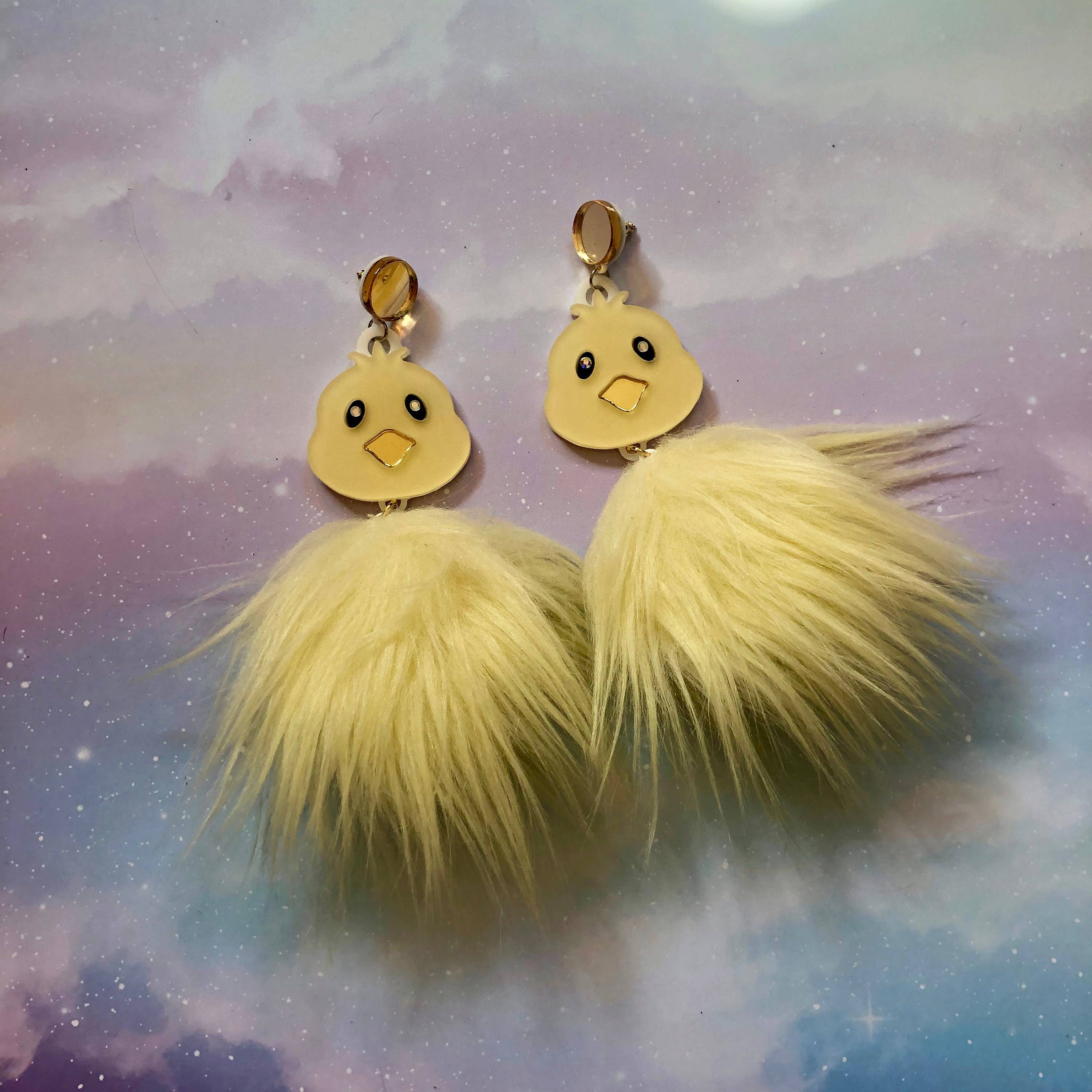 Pom Pom Fluffy Furry Chick Easter Earrings
