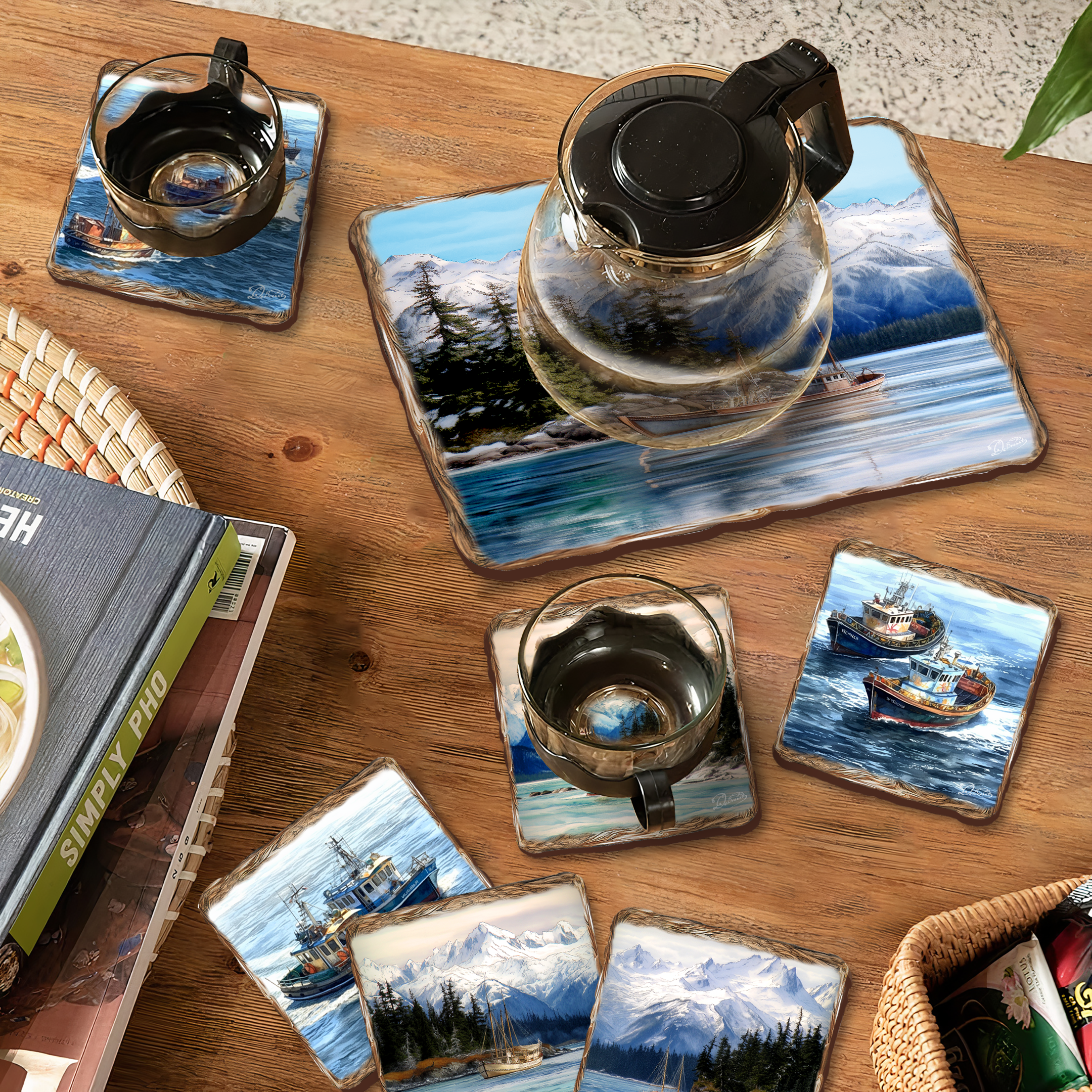 Fishing Boats Wooden Cork Placemat and Coasters Gift Set of 7 by Nature Wonders Coastal Wildlife Decor - 85405C-S7