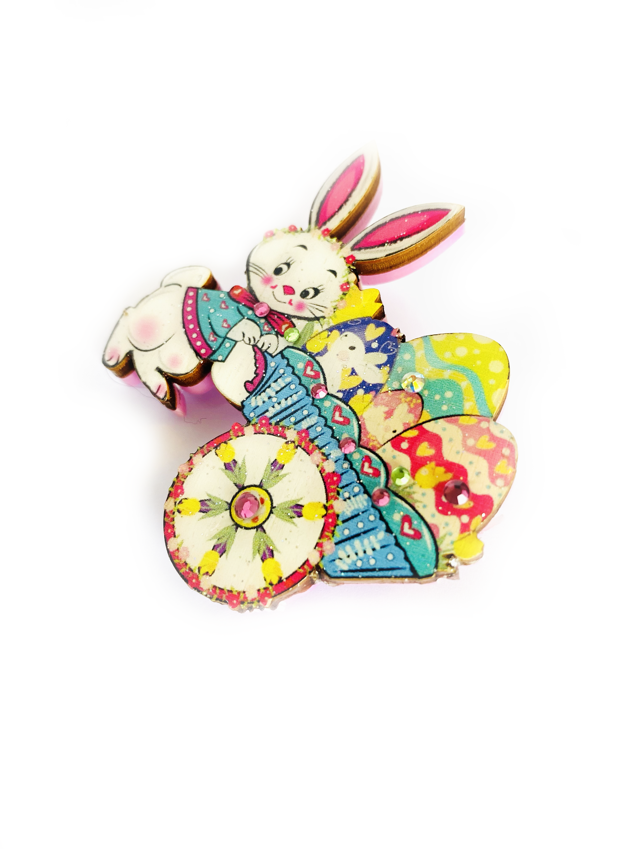 Benny Bunny and his Easter Egg Cart Brooch by Rosie Rose Parker