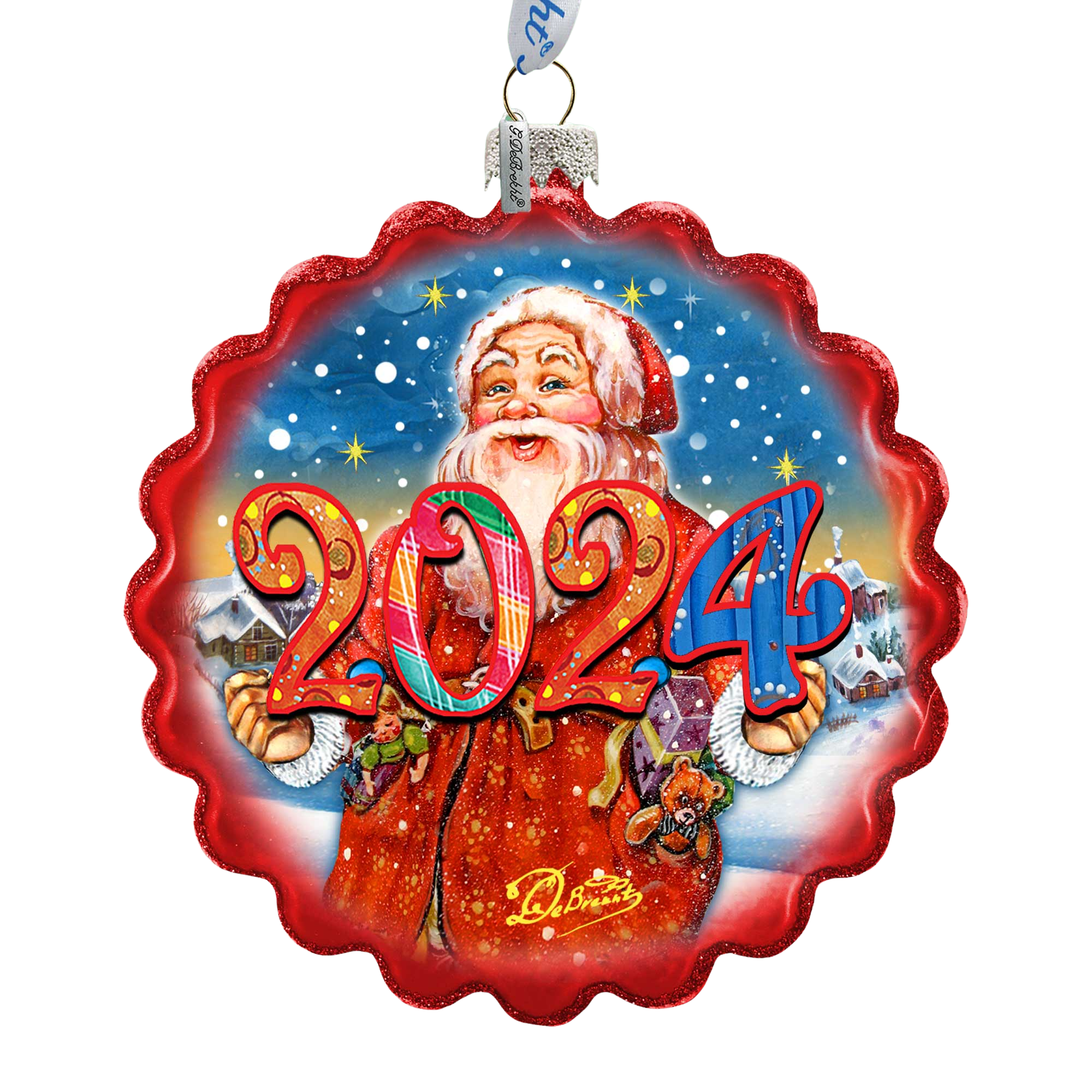 2024 Dated Celebration Santa Wreath Glass Ornament by G. Debrekht - Christmas Decor - 759-040-D24
