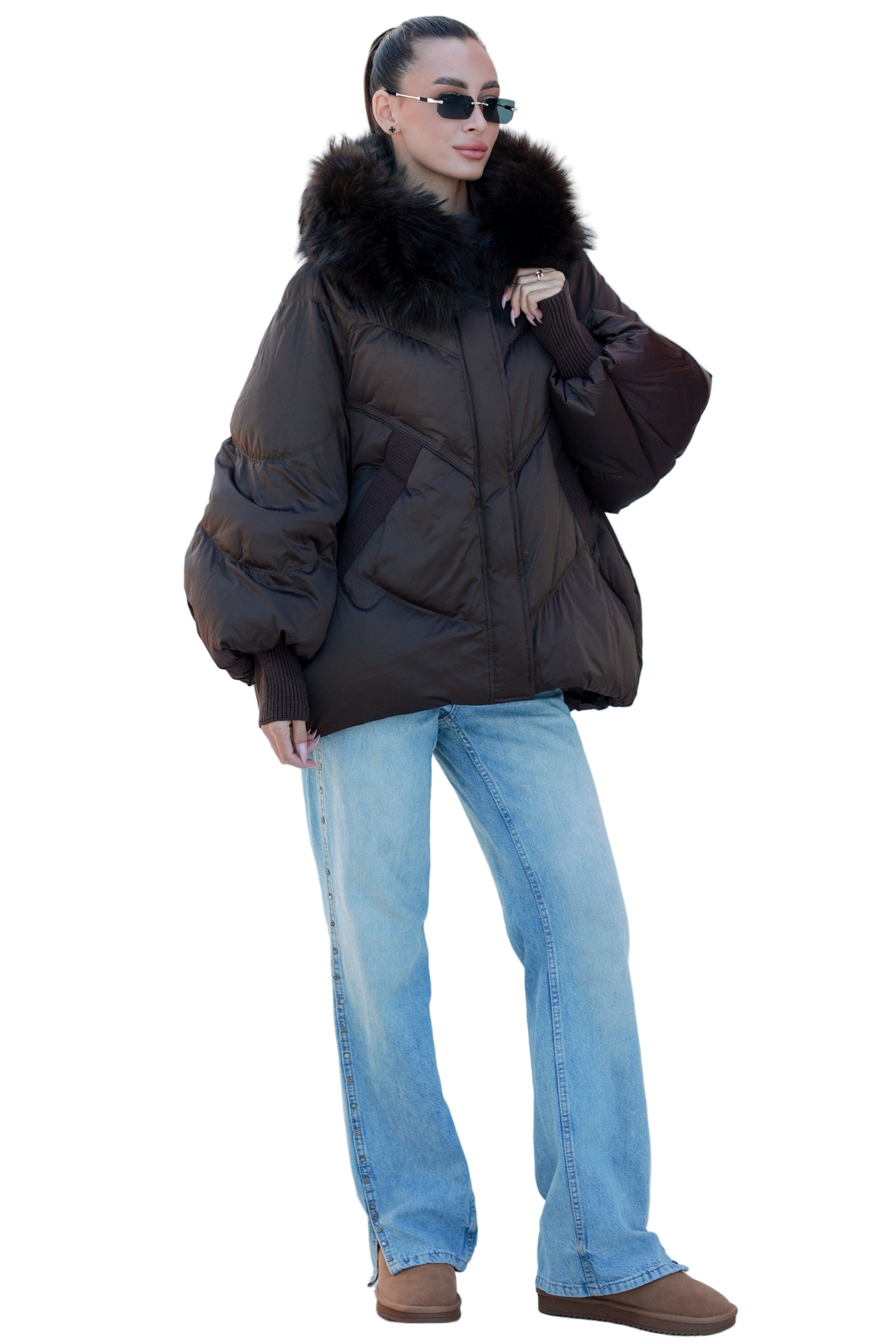 Chantal Genuine Fur Trim Down Fill Coat in Chocolate