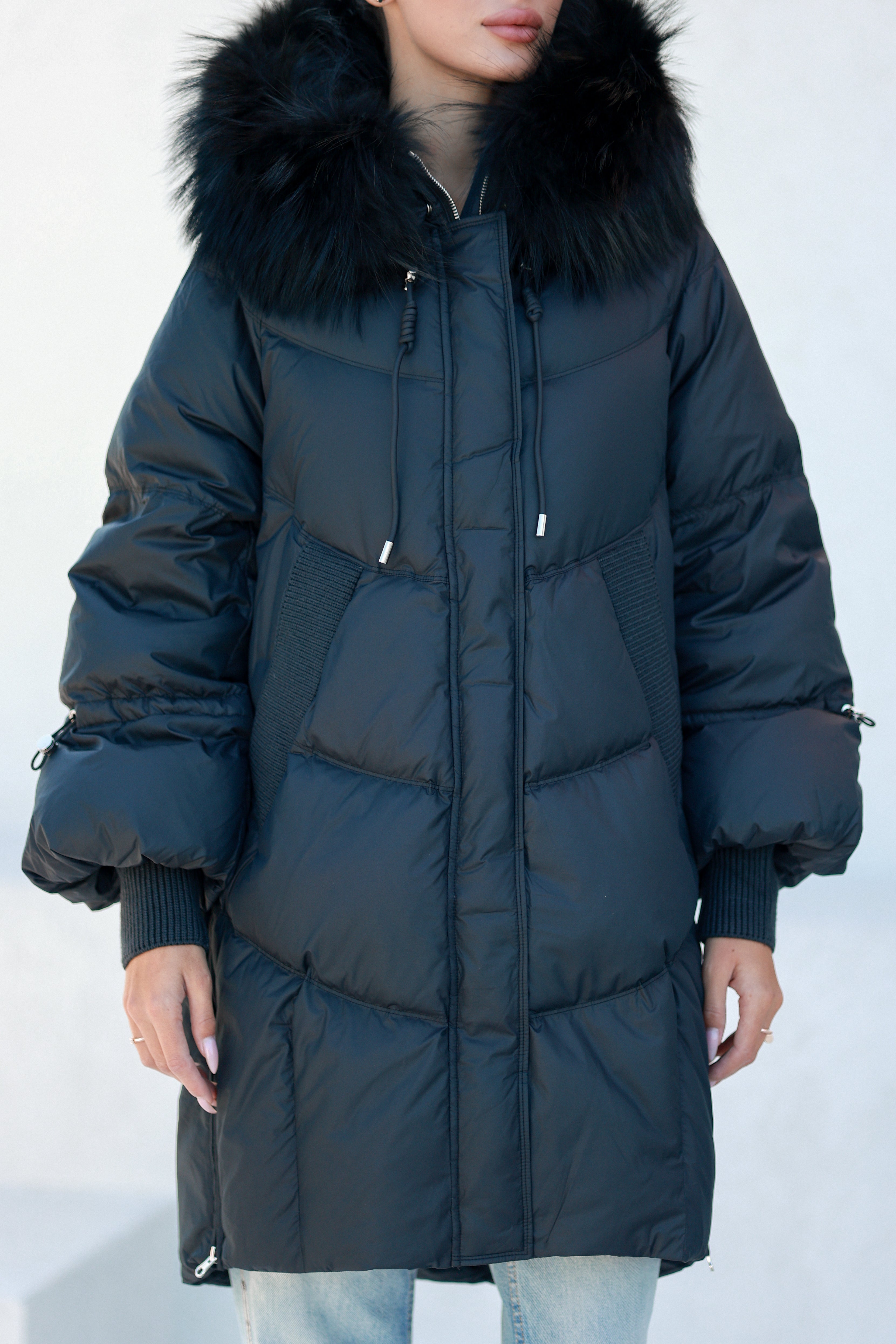 Celeste Genuine Fur Trim Down Fill Coat in Black