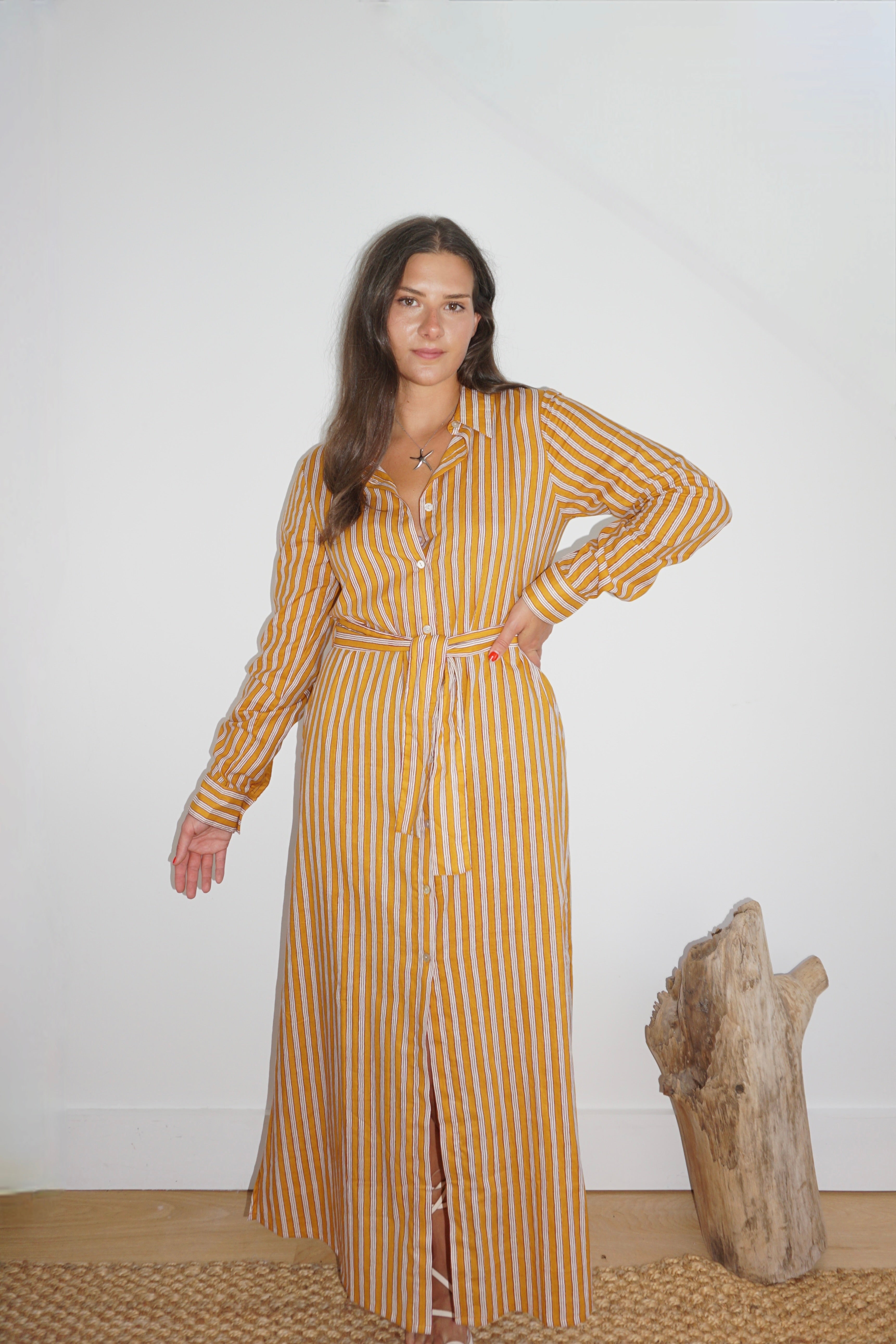 Caspian Dress in Marigold Pinstripe
