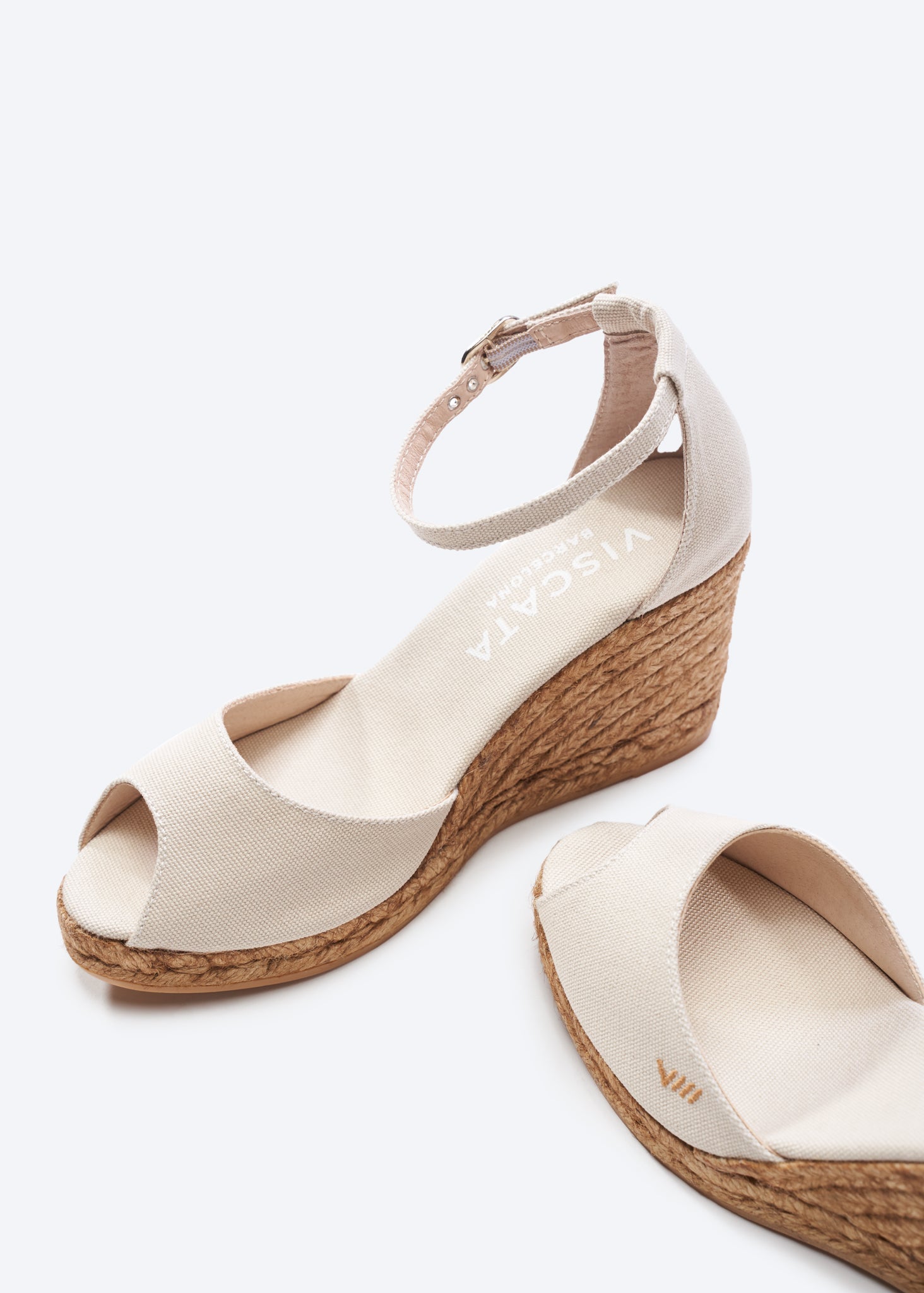 Aiguafreda Beige Canvas Ankle Strap Woman Peep Open Toe Espadrille Wedges