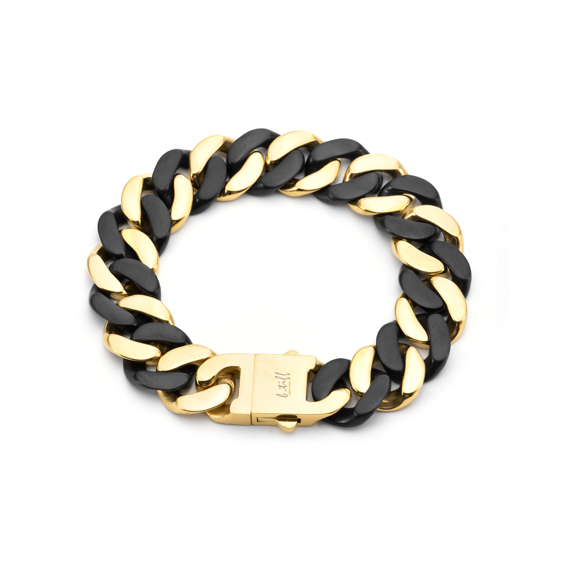 BG160BG B.Tiff High Polish 16mm Black & Gold Flat Cuban Link Bracelet