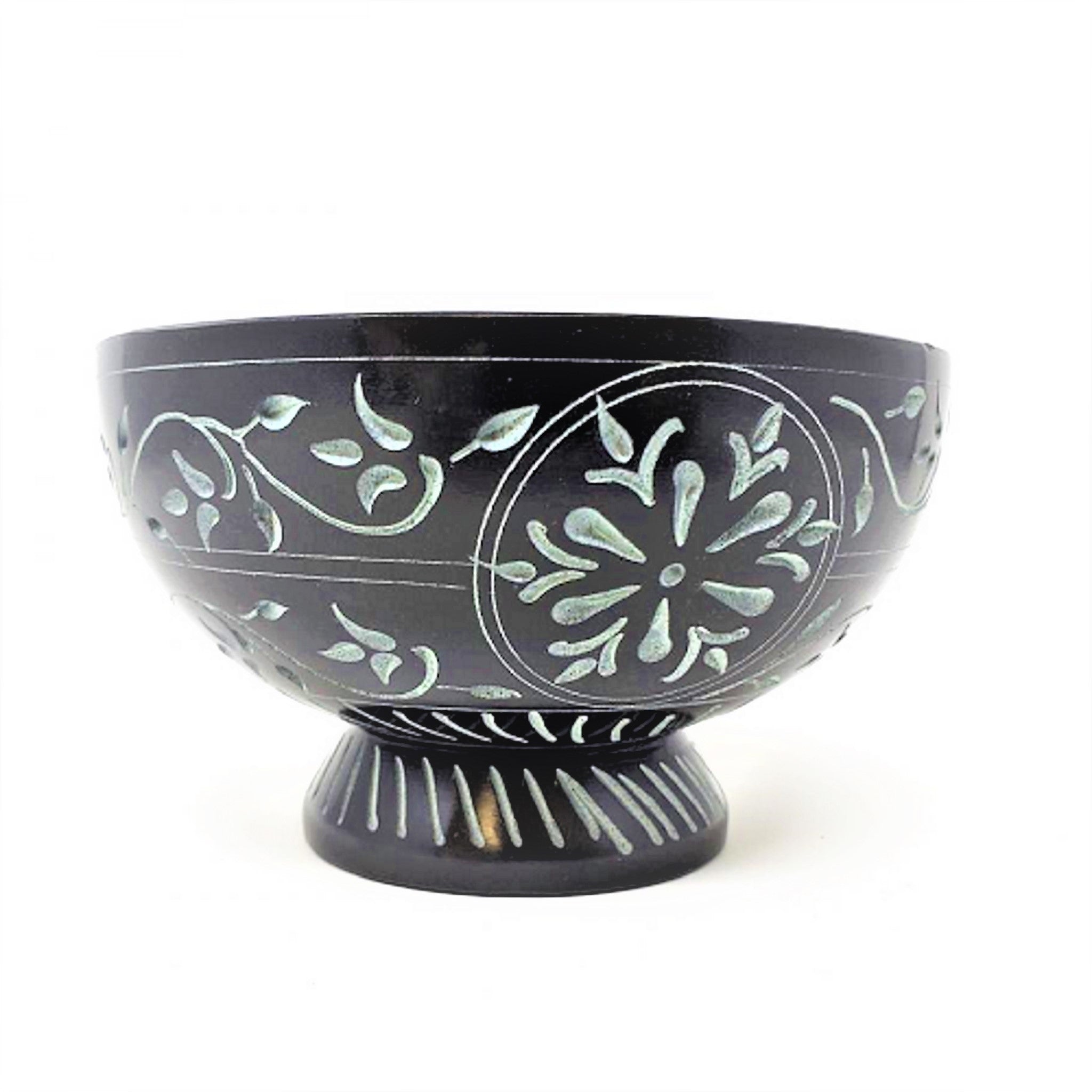 Sacred Bloom: Floral Hand-Carved Black Soapstone Bowl ( 3") by OMSutra