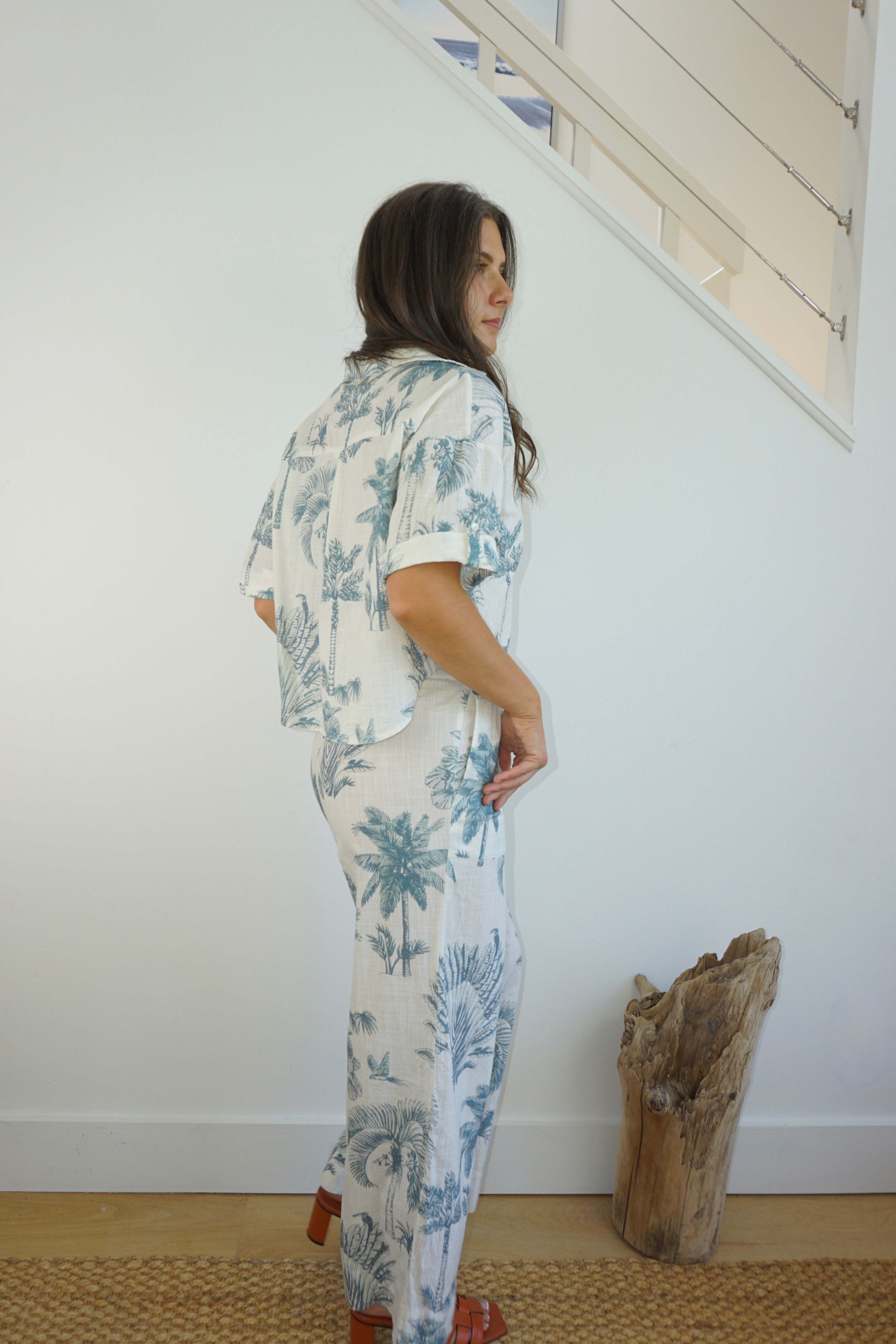 Brenna Pant in Faded Teal Palms