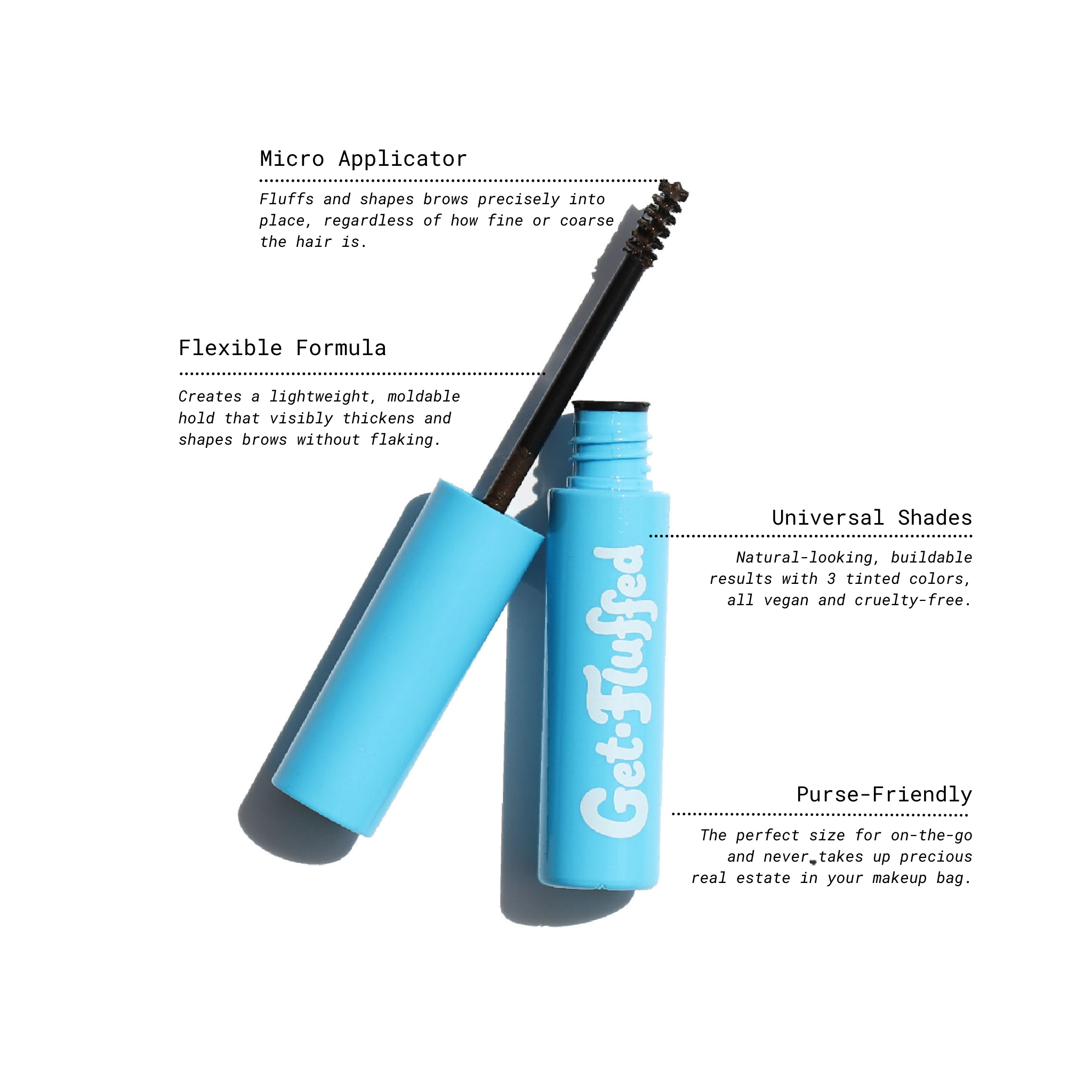 Blue tube of Get-Fluffed Brow Gel with an open cap displaying the mini spoolie applicator, highlighting its micro precision, flexible formula, universal shades, and compact size for on-the-go use.