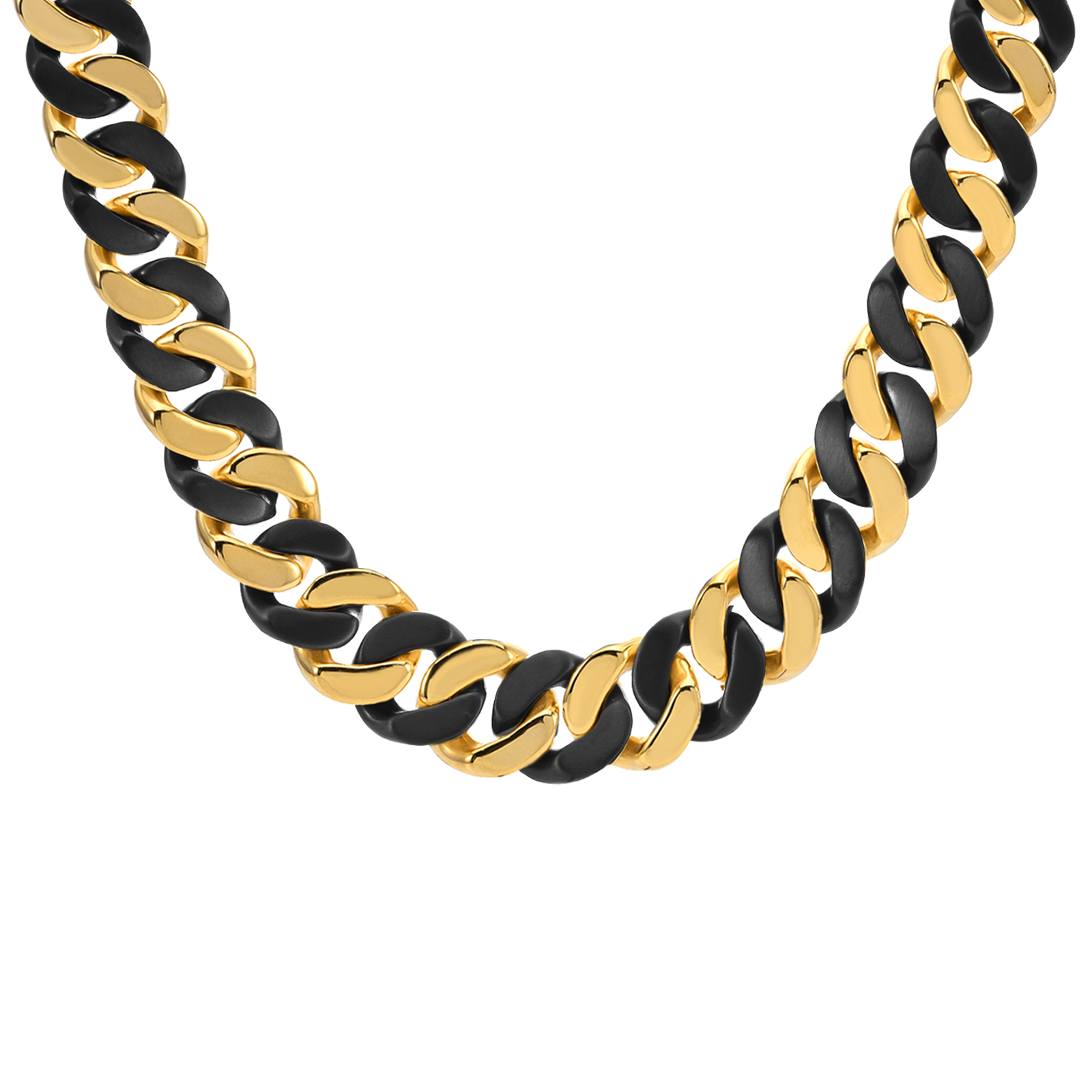 C160BG B.Tiff 16mm 2 Tone Black & Gold Flat Cuban Link Necklace