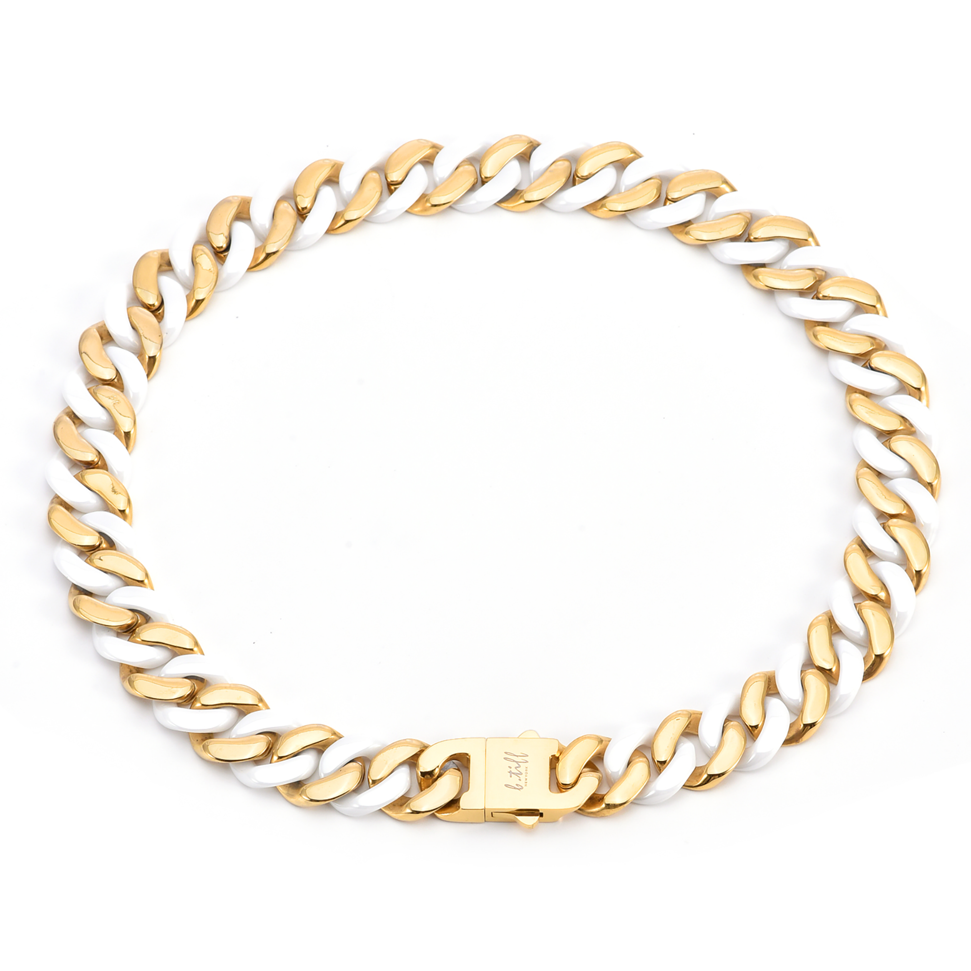 C160GW B.Tiff 16mm 2-Tone Gold Plated White Ceramic Flat Cuban Link Necklace