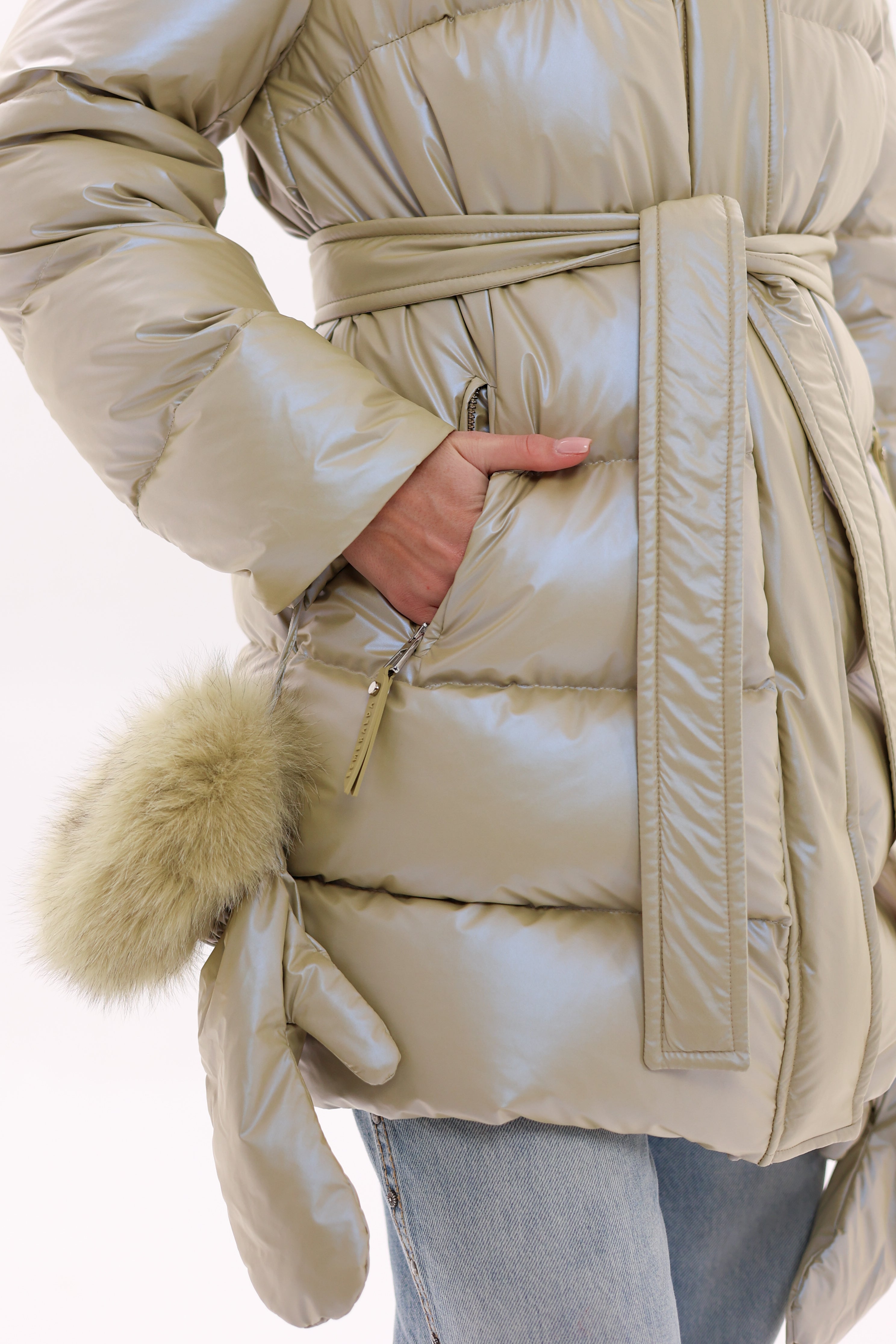 Genuine Fox Fur Down Coat with Fur Trim Mittens
